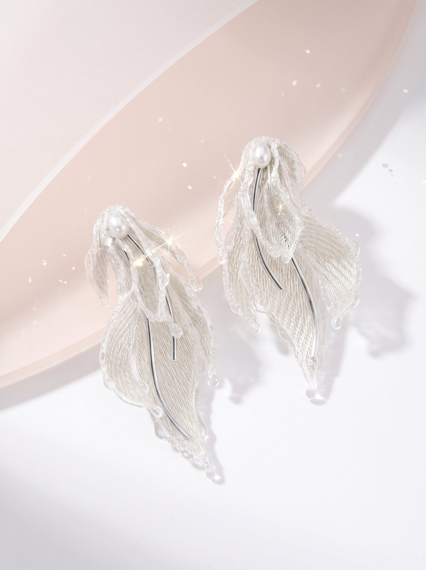 Avant-Garde Hand-Woven Metallic Mesh Leaf Earrings - Deconstructed Fluid Wave Drop Earrings with Glassy Ice Trim and Lustrous Orb LUNA-X386