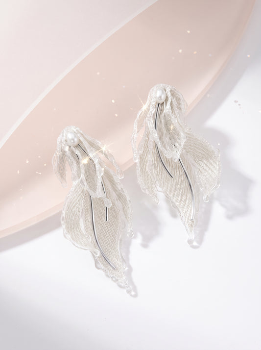 Avant-Garde Hand-Woven Metallic Mesh Leaf Earrings - Deconstructed Fluid Wave Drop Earrings with Glassy Ice Trim and Lustrous Orb LUNA-X386
