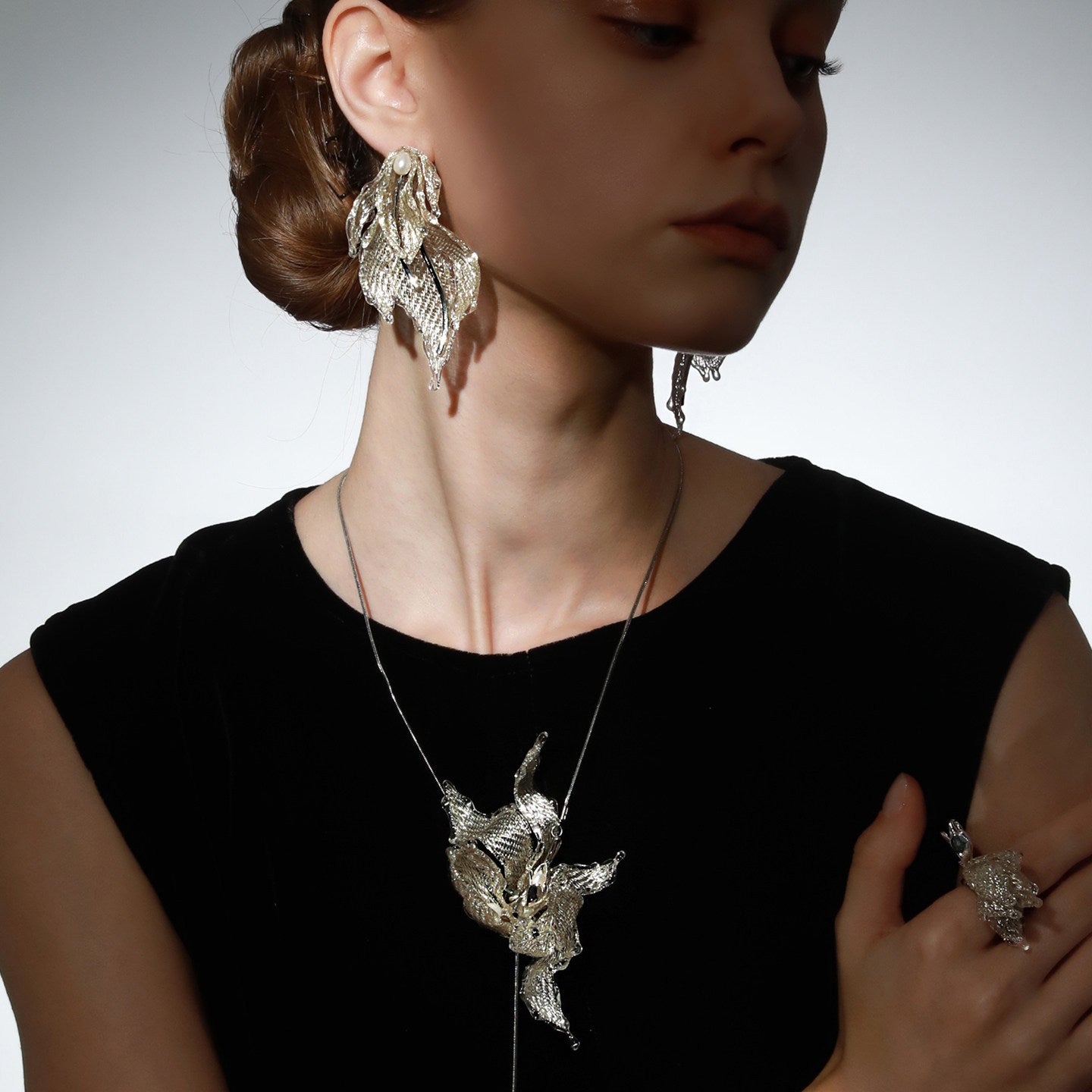 Avant-Garde Hand-Woven Metallic Mesh Leaf Earrings - Deconstructed Fluid Wave Drop Earrings with Glassy Ice Trim and Lustrous Orb LUNA-X386