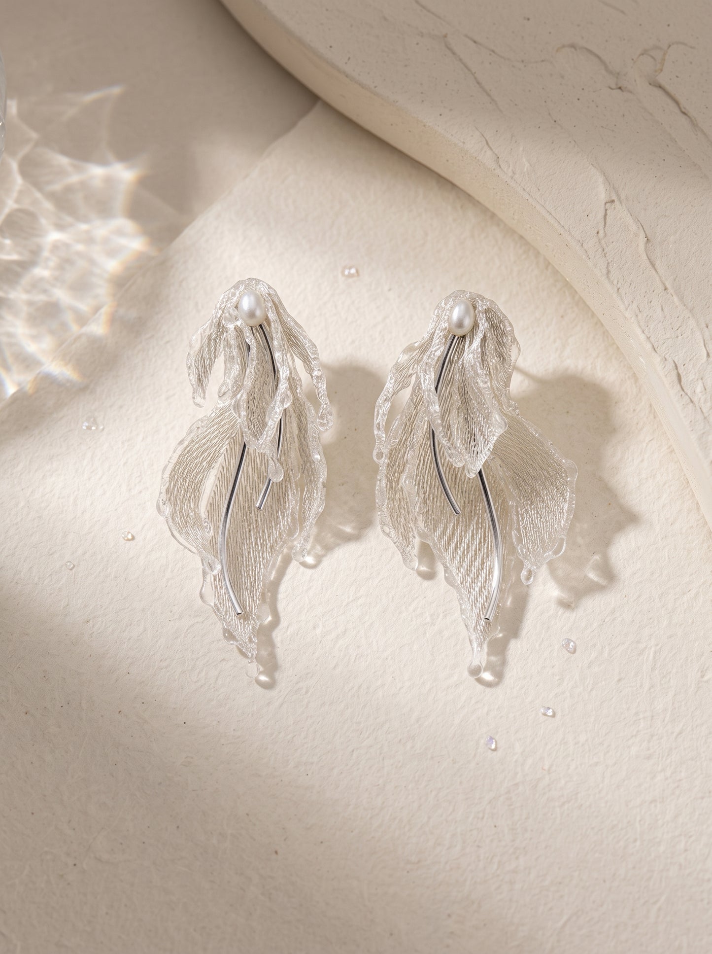 Avant-Garde Hand-Woven Metallic Mesh Leaf Earrings - Deconstructed Fluid Wave Drop Earrings with Glassy Ice Trim and Lustrous Orb LUNA-X386