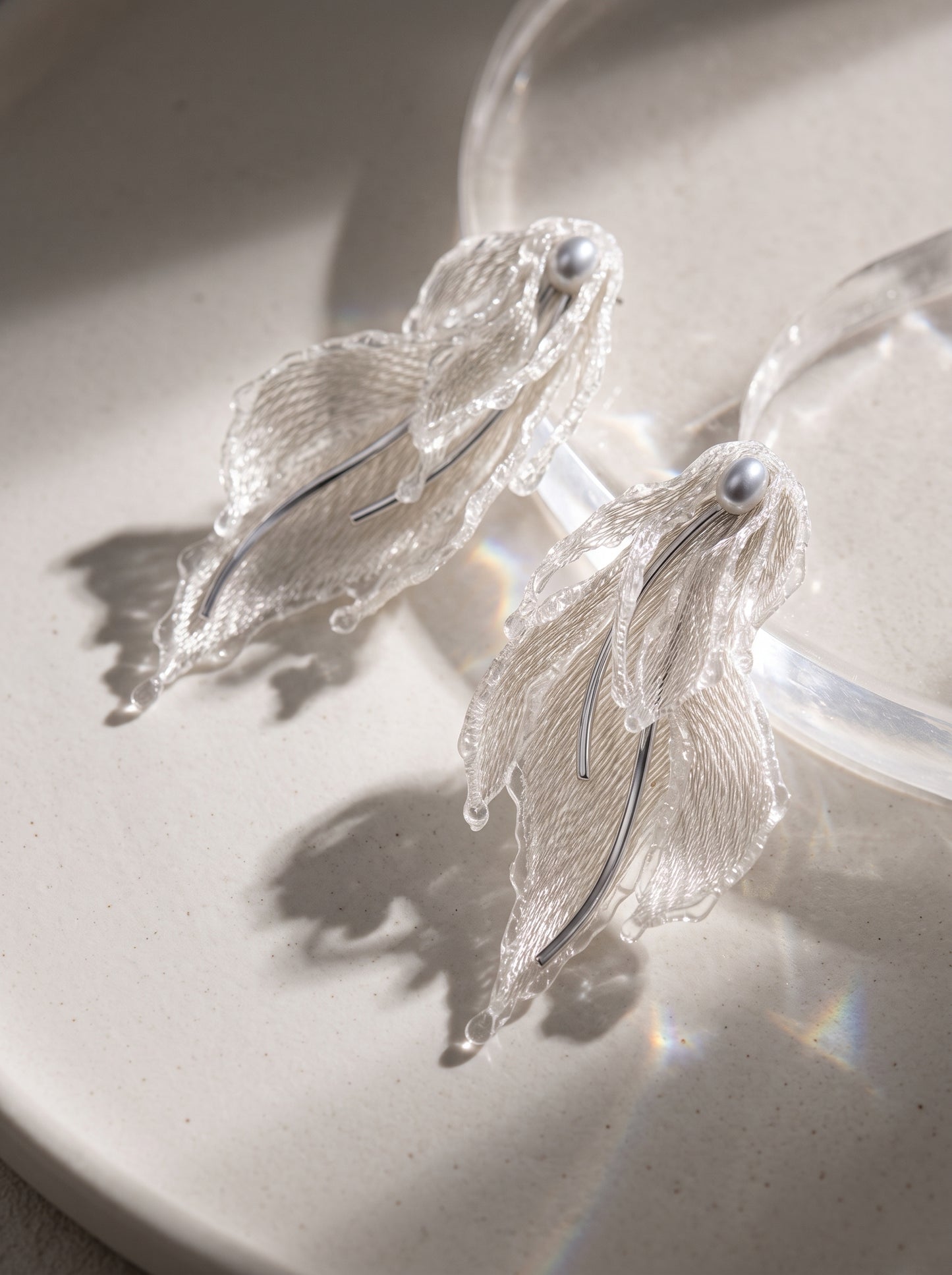 Avant-Garde Hand-Woven Metallic Mesh Leaf Earrings - Deconstructed Fluid Wave Drop Earrings with Glassy Ice Trim and Lustrous Orb LUNA-X386