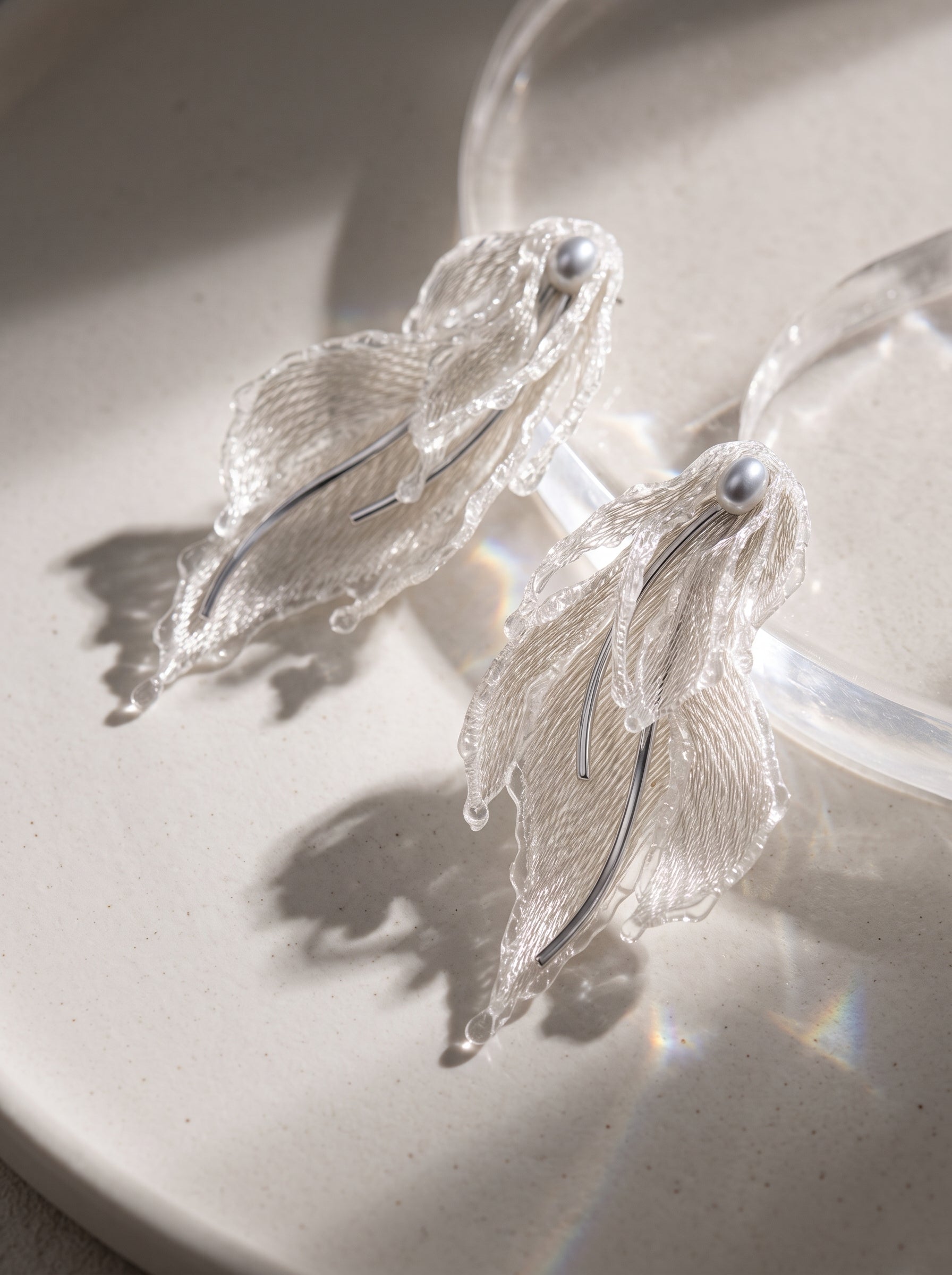 Avant-Garde Hand-Woven Metallic Mesh Leaf Earrings - Deconstructed Fluid Wave Drop Earrings with Glassy Ice Trim and Lustrous Orb LUNA-X386