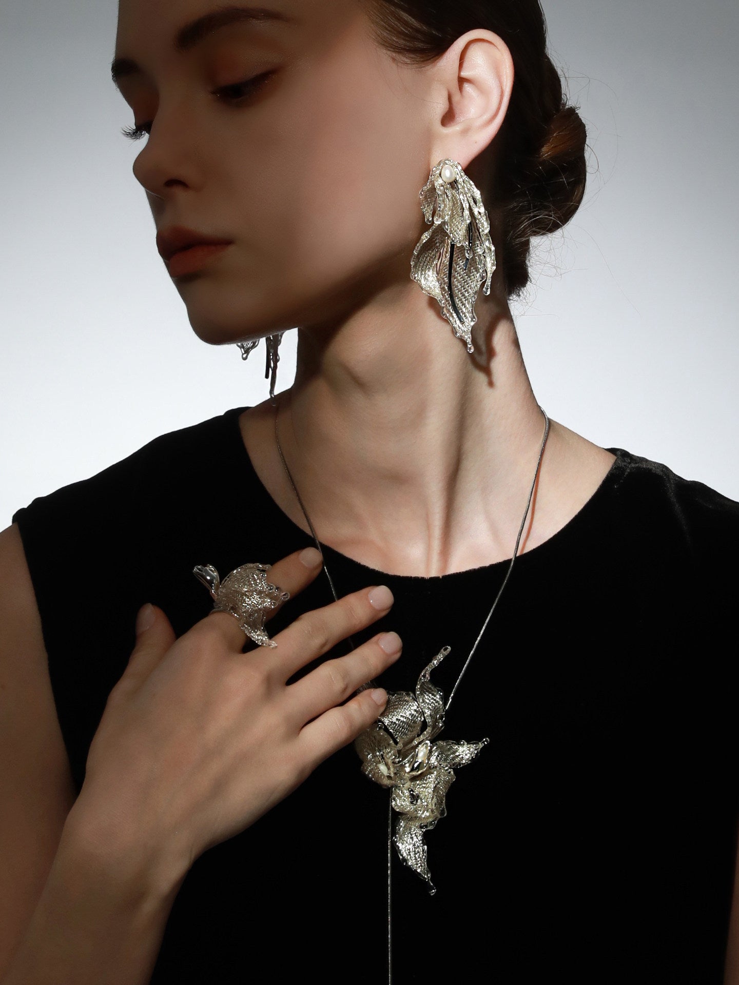 Avant-Garde Hand-Woven Metallic Mesh Leaf Earrings - Deconstructed Fluid Wave Drop Earrings with Glassy Ice Trim and Lustrous Orb LUNA-X386