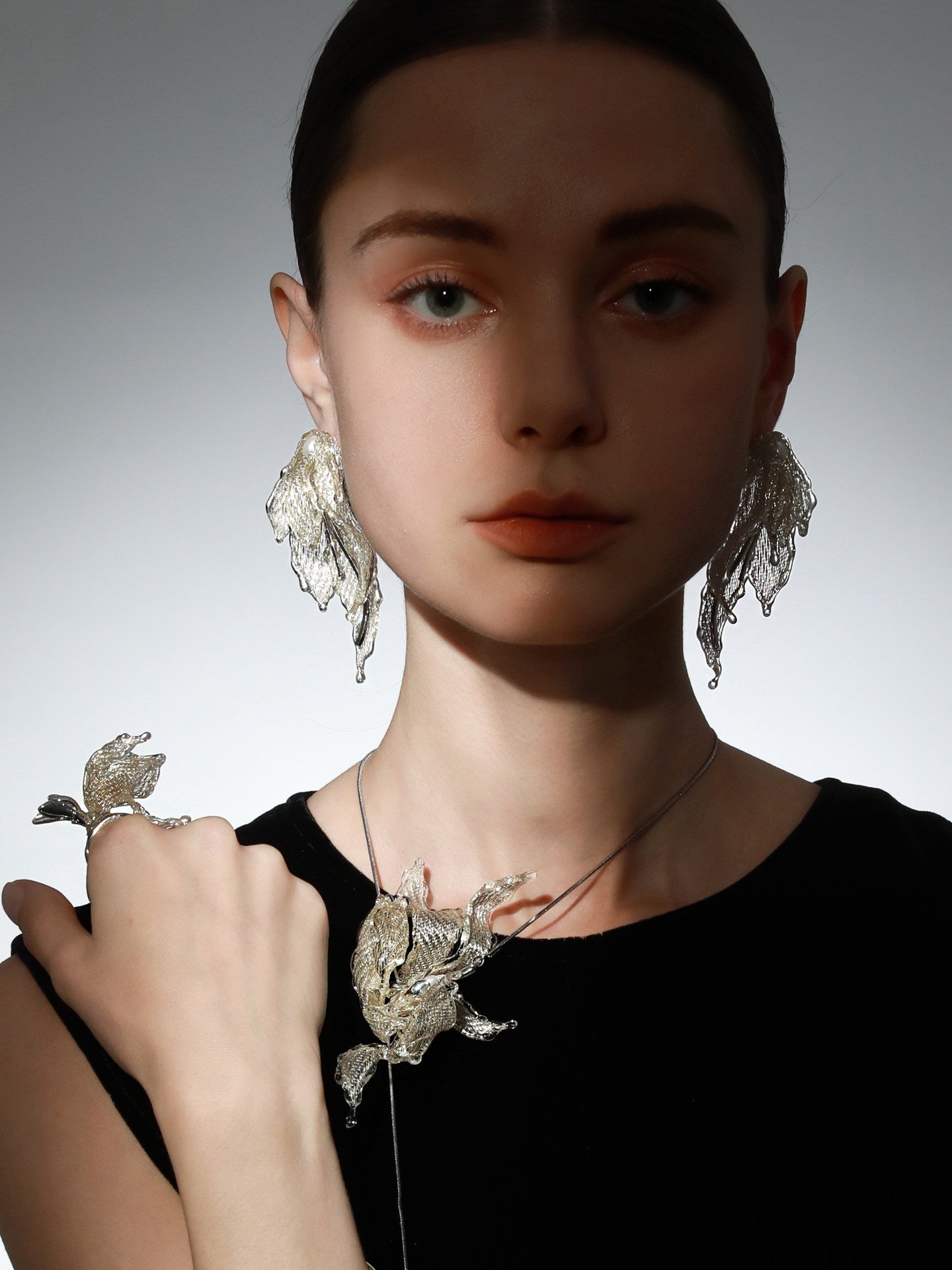 Avant-Garde Hand-Woven Metallic Mesh Leaf Earrings - Deconstructed Fluid Wave Drop Earrings with Glassy Ice Trim and Lustrous Orb LUNA-X386