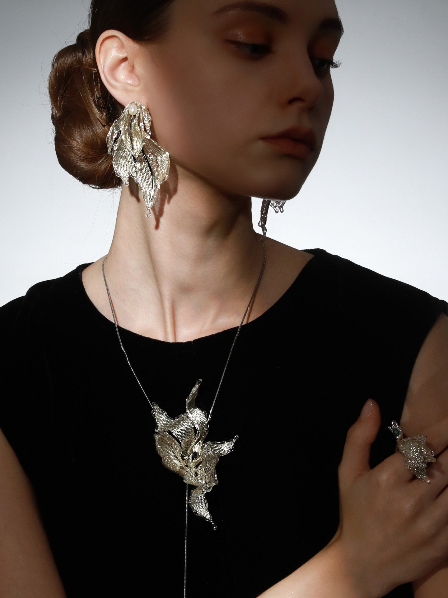 Avant-Garde Hand-Woven Metallic Mesh Leaf Earrings - Deconstructed Fluid Wave Drop Earrings with Glassy Ice Trim and Lustrous Orb LUNA-X386