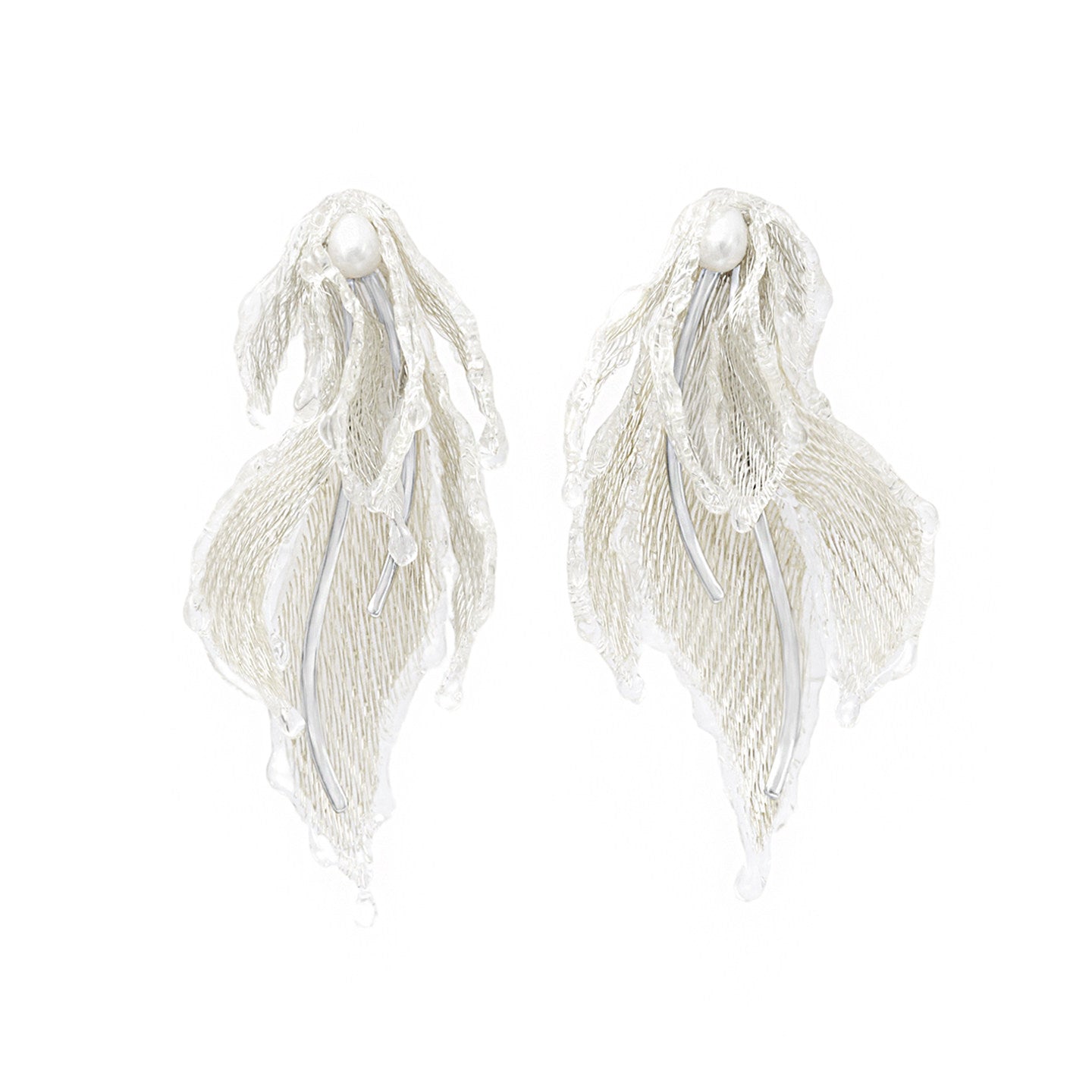 Avant-Garde Hand-Woven Metallic Mesh Leaf Earrings - Deconstructed Fluid Wave Drop Earrings with Glassy Ice Trim and Lustrous Orb LUNA-X386