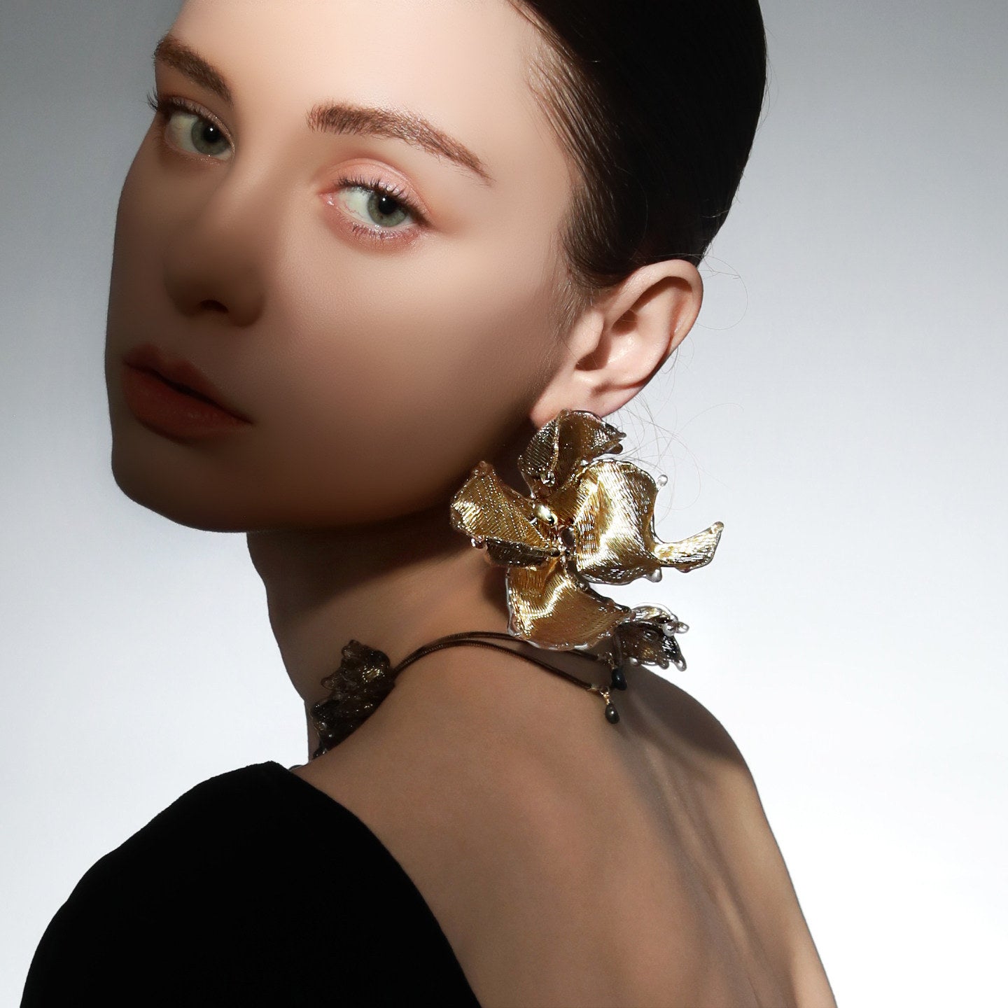 Avant-Garde Hand-Woven Metallic Mesh Flower Earrings - Deconstructed Liquid-Edge Floral Studs with Clear Melting Ice Accent  LUNA-X387
