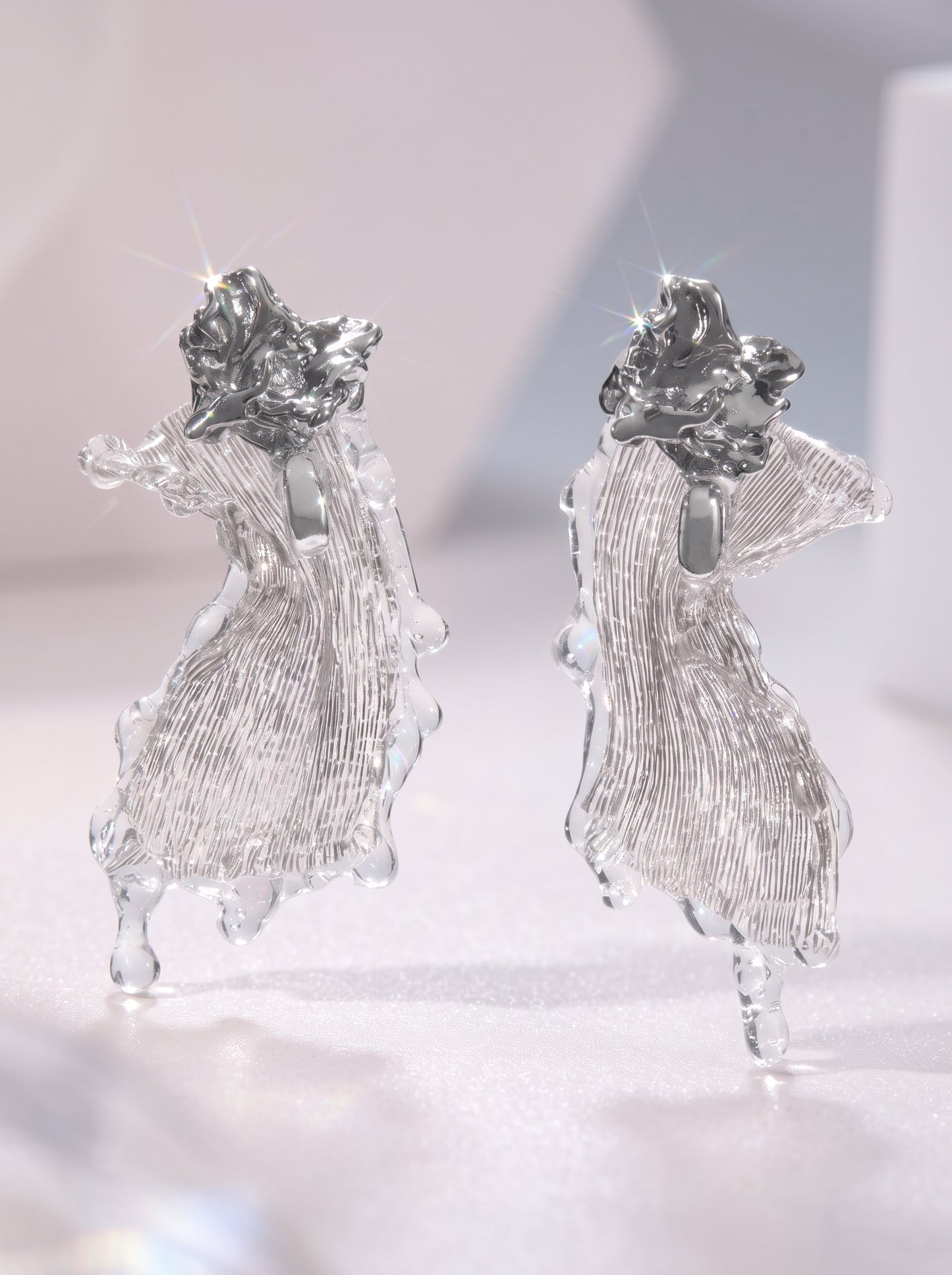 Avant-Garde Hand-Woven Metallic Mesh Drop Earrings - Deconstructed Liquid-Edge Melting Ice Earrings with Molten Metal Studs LUNA-X388