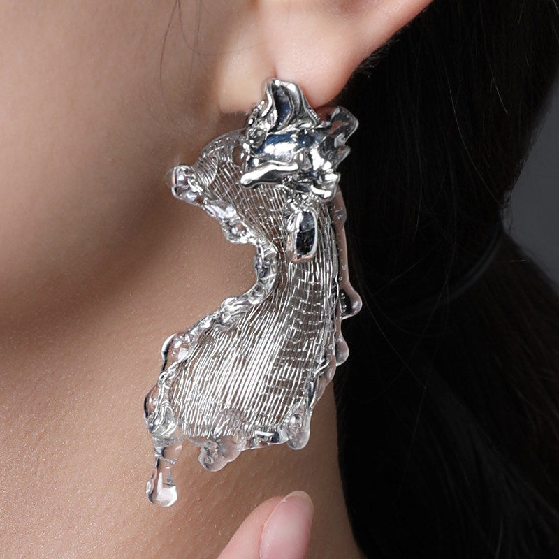 Avant-Garde Hand-Woven Metallic Mesh Drop Earrings - Deconstructed Liquid-Edge Melting Ice Earrings with Molten Metal Studs LUNA-X388