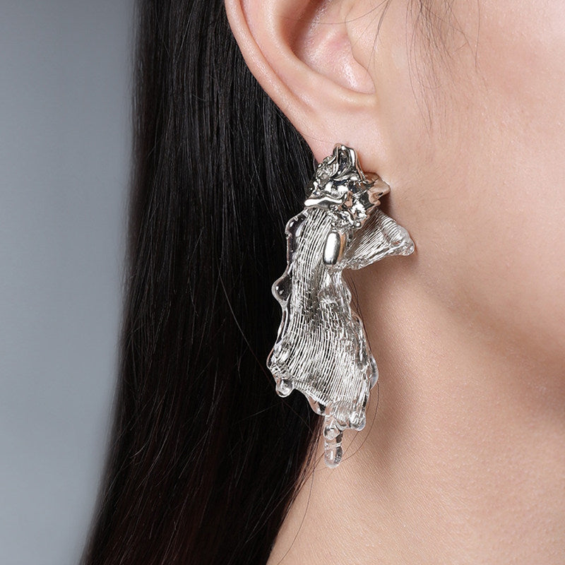 Avant-Garde Hand-Woven Metallic Mesh Drop Earrings - Deconstructed Liquid-Edge Melting Ice Earrings with Molten Metal Studs LUNA-X388
