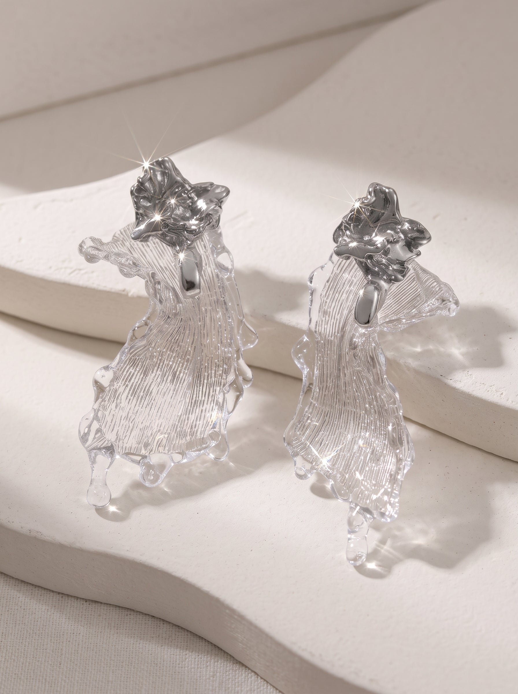 Avant-Garde Hand-Woven Metallic Mesh Drop Earrings - Deconstructed Liquid-Edge Melting Ice Earrings with Molten Metal Studs LUNA-X388