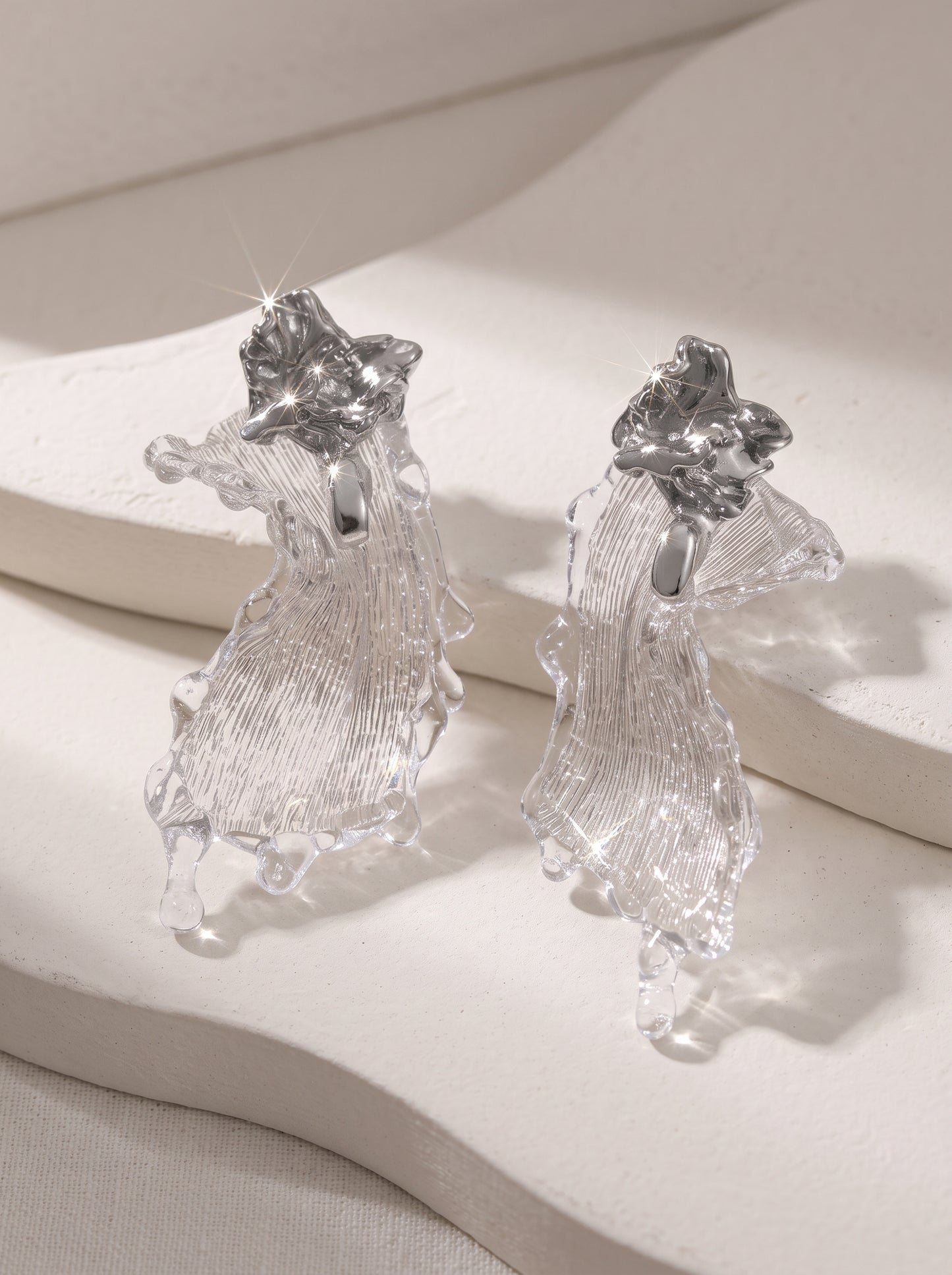 Avant-Garde Hand-Woven Metallic Mesh Drop Earrings - Deconstructed Liquid-Edge Melting Ice Earrings with Molten Metal Studs LUNA-X388