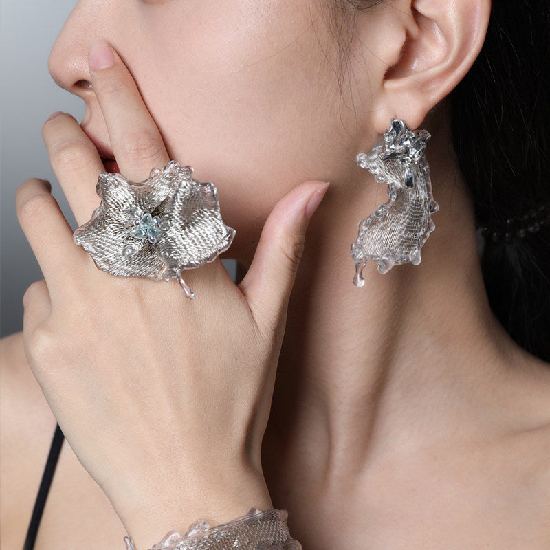Avant-Garde Hand-Woven Metallic Mesh Drop Earrings - Deconstructed Liquid-Edge Melting Ice Earrings with Molten Metal Studs LUNA-X388