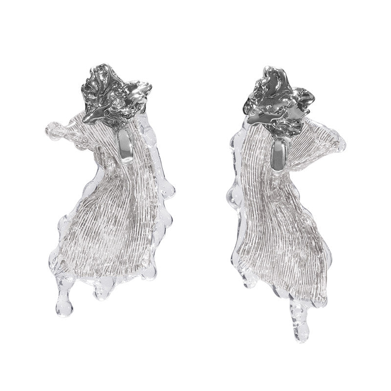 Avant-Garde Hand-Woven Metallic Mesh Drop Earrings - Deconstructed Liquid-Edge Melting Ice Earrings with Molten Metal Studs LUNA-X388