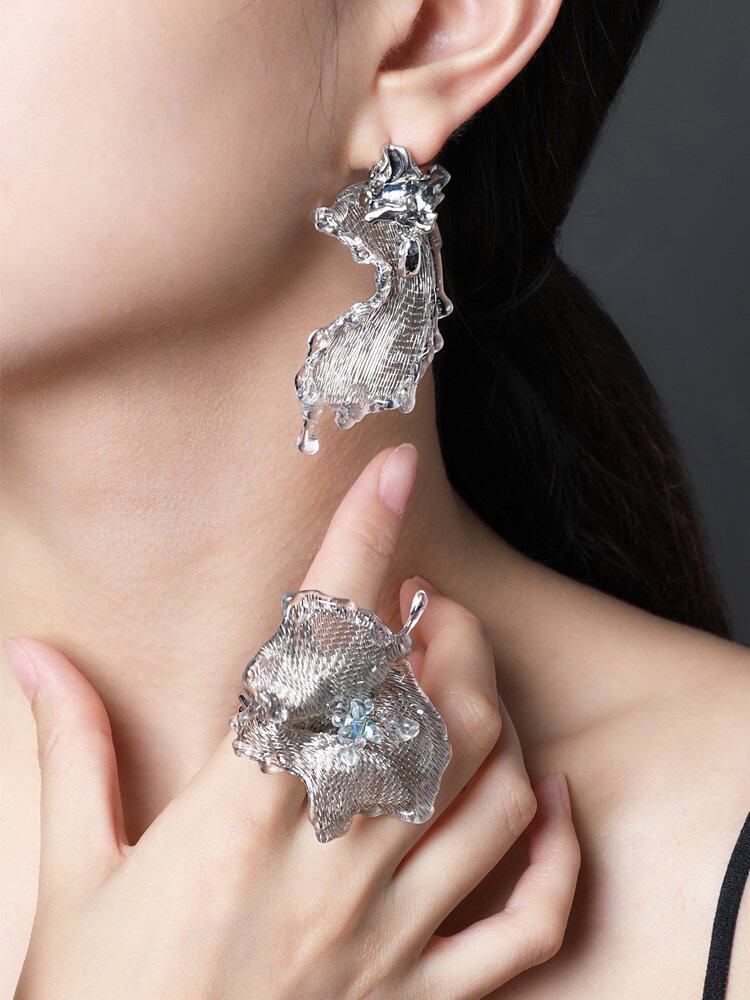 Avant-Garde Hand-Woven Metallic Mesh Drop Earrings - Deconstructed Liquid-Edge Melting Ice Earrings with Molten Metal Studs LUNA-X388