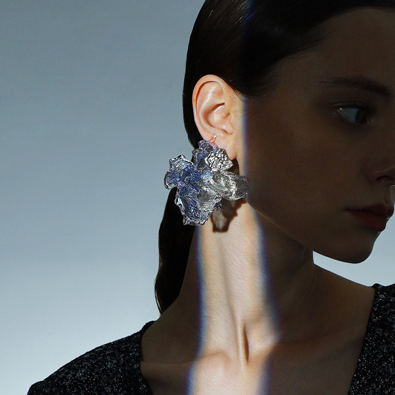 Avant-Garde Hand-Woven Metallic Mesh Ocean Bloom Earrings - Deconstructed Electric Blue Ruffled Studs with Clear Melting Ice Border  LUNA-X389
