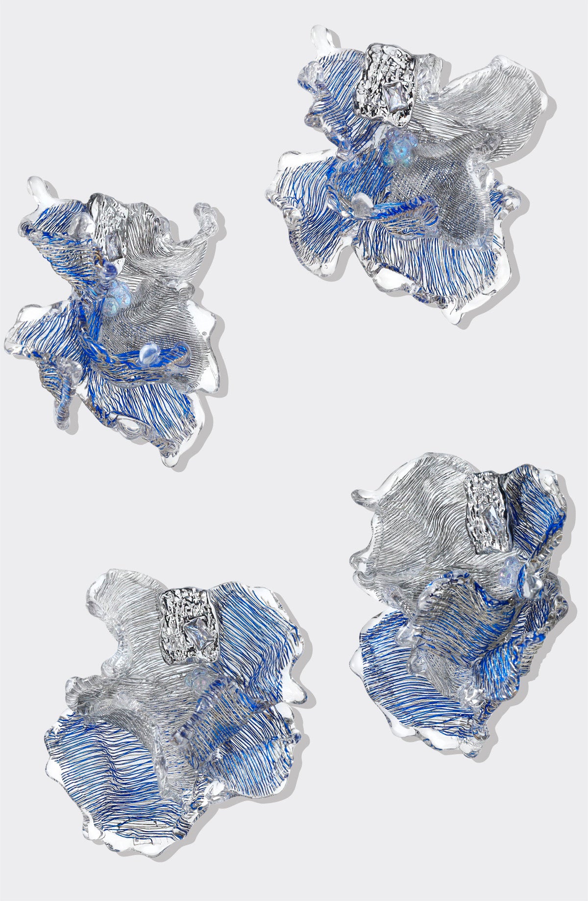 Avant-Garde Hand-Woven Metallic Mesh Ocean Bloom Earrings - Deconstructed Electric Blue Ruffled Studs with Clear Melting Ice Border  LUNA-X389
