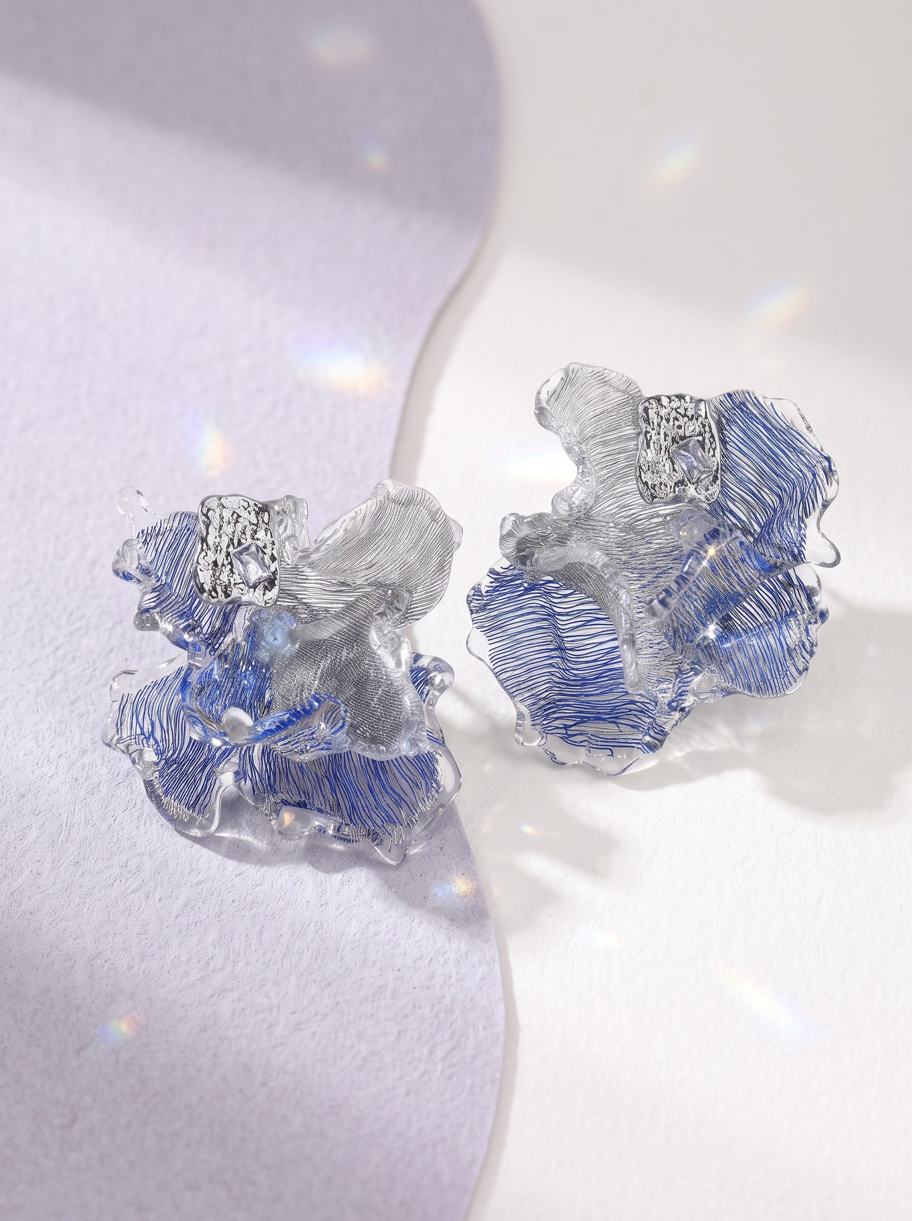 Avant-Garde Hand-Woven Metallic Mesh Ocean Bloom Earrings - Deconstructed Electric Blue Ruffled Studs with Clear Melting Ice Border  LUNA-X389