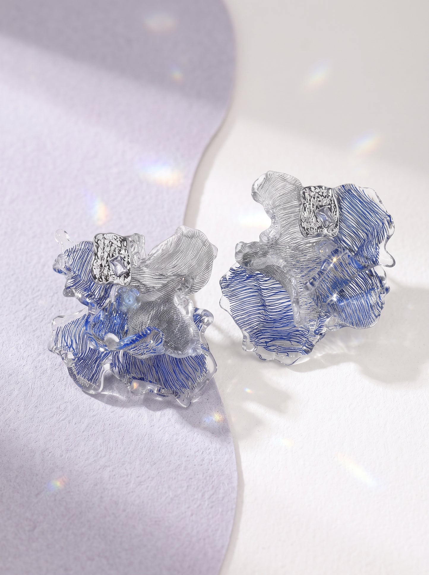 Avant-Garde Hand-Woven Metallic Mesh Ocean Bloom Earrings - Deconstructed Electric Blue Ruffled Studs with Clear Melting Ice Border  LUNA-X389