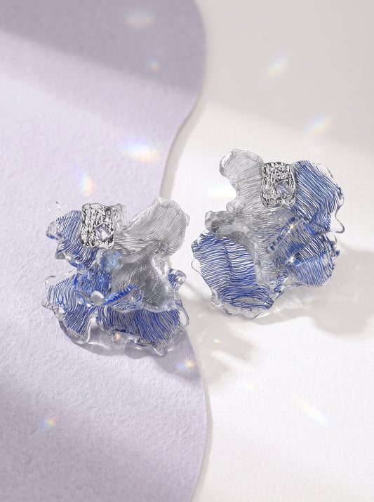Avant-Garde Hand-Woven Metallic Mesh Ocean Bloom Earrings - Deconstructed Electric Blue Ruffled Studs with Clear Melting Ice Border  LUNA-X389
