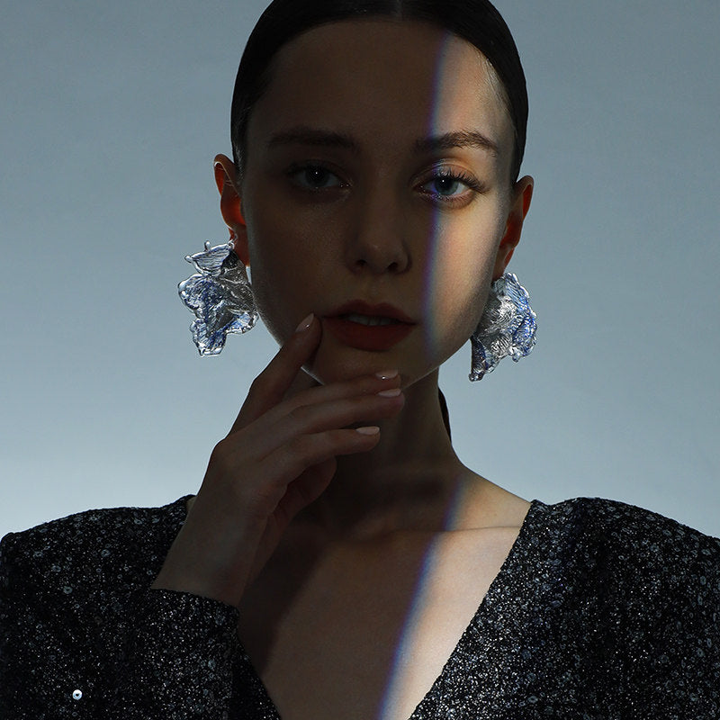 Avant-Garde Hand-Woven Metallic Mesh Ocean Bloom Earrings - Deconstructed Electric Blue Ruffled Studs with Clear Melting Ice Border  LUNA-X389