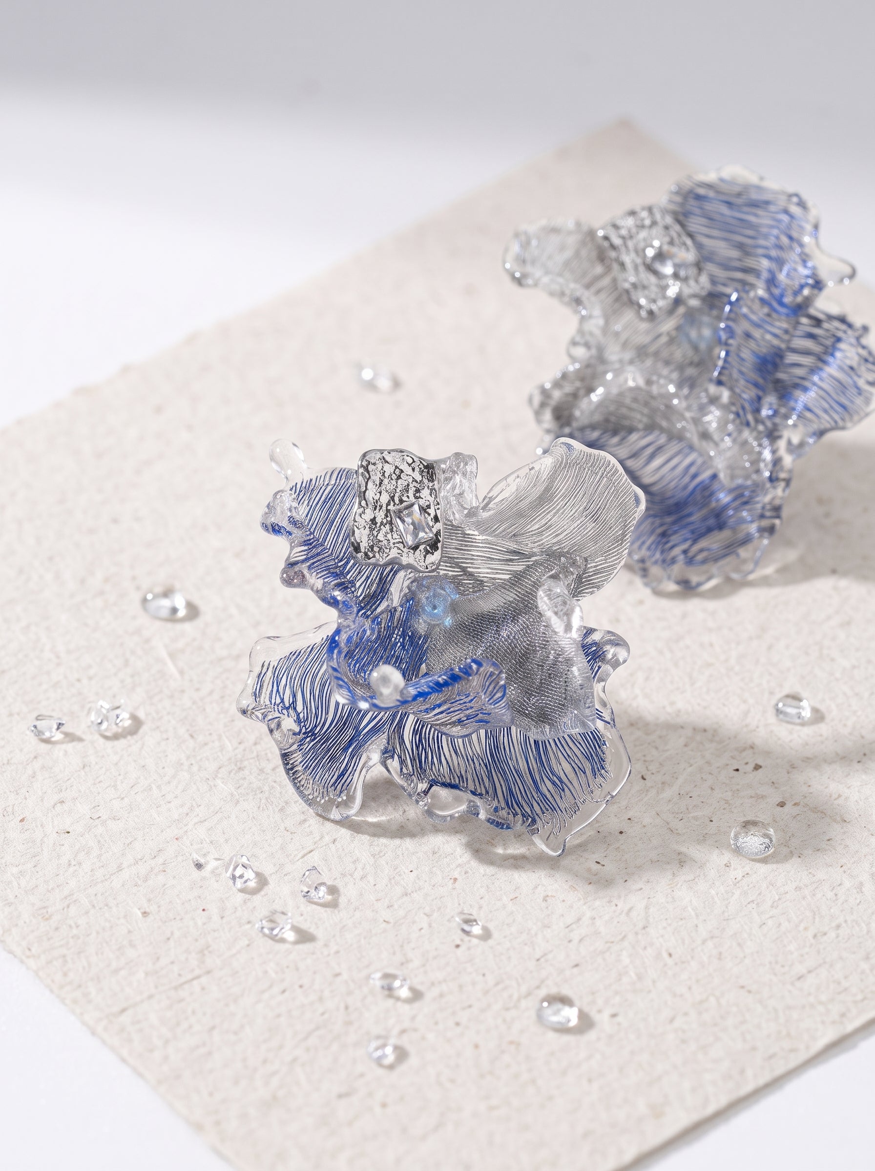 Avant-Garde Hand-Woven Metallic Mesh Ocean Bloom Earrings - Deconstructed Electric Blue Ruffled Studs with Clear Melting Ice Border  LUNA-X389