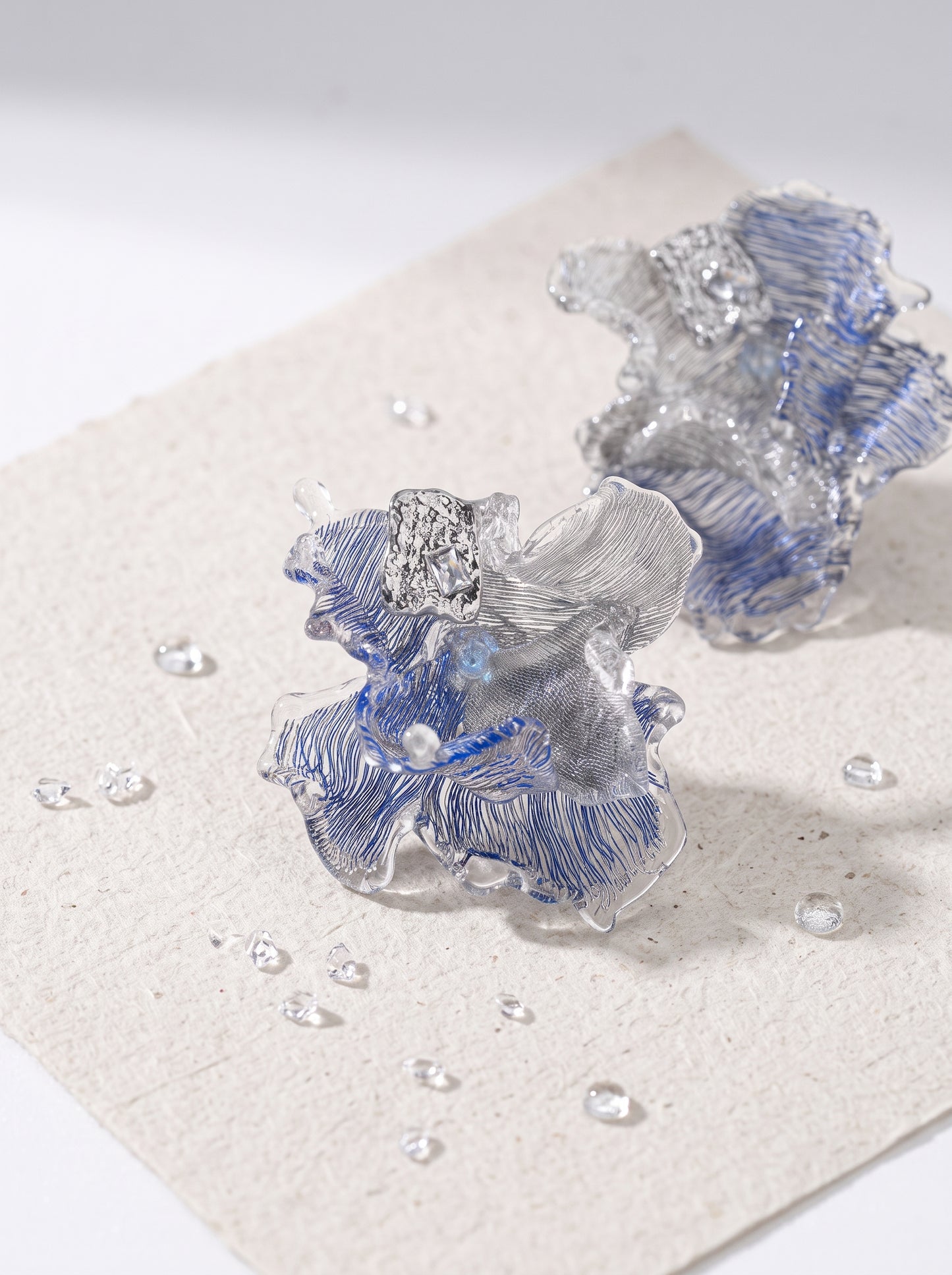 Avant-Garde Hand-Woven Metallic Mesh Ocean Bloom Earrings - Deconstructed Electric Blue Ruffled Studs with Clear Melting Ice Border  LUNA-X389