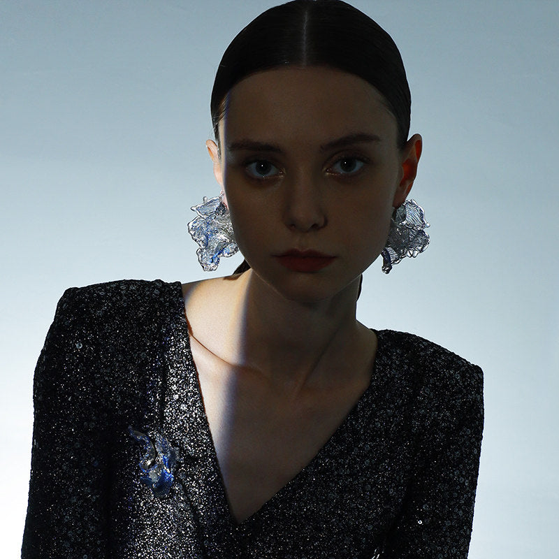 Avant-Garde Hand-Woven Metallic Mesh Ocean Bloom Earrings - Deconstructed Electric Blue Ruffled Studs with Clear Melting Ice Border  LUNA-X389