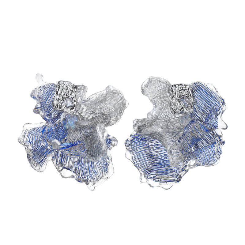 Avant-Garde Hand-Woven Metallic Mesh Ocean Bloom Earrings - Deconstructed Electric Blue Ruffled Studs with Clear Melting Ice Border  LUNA-X389