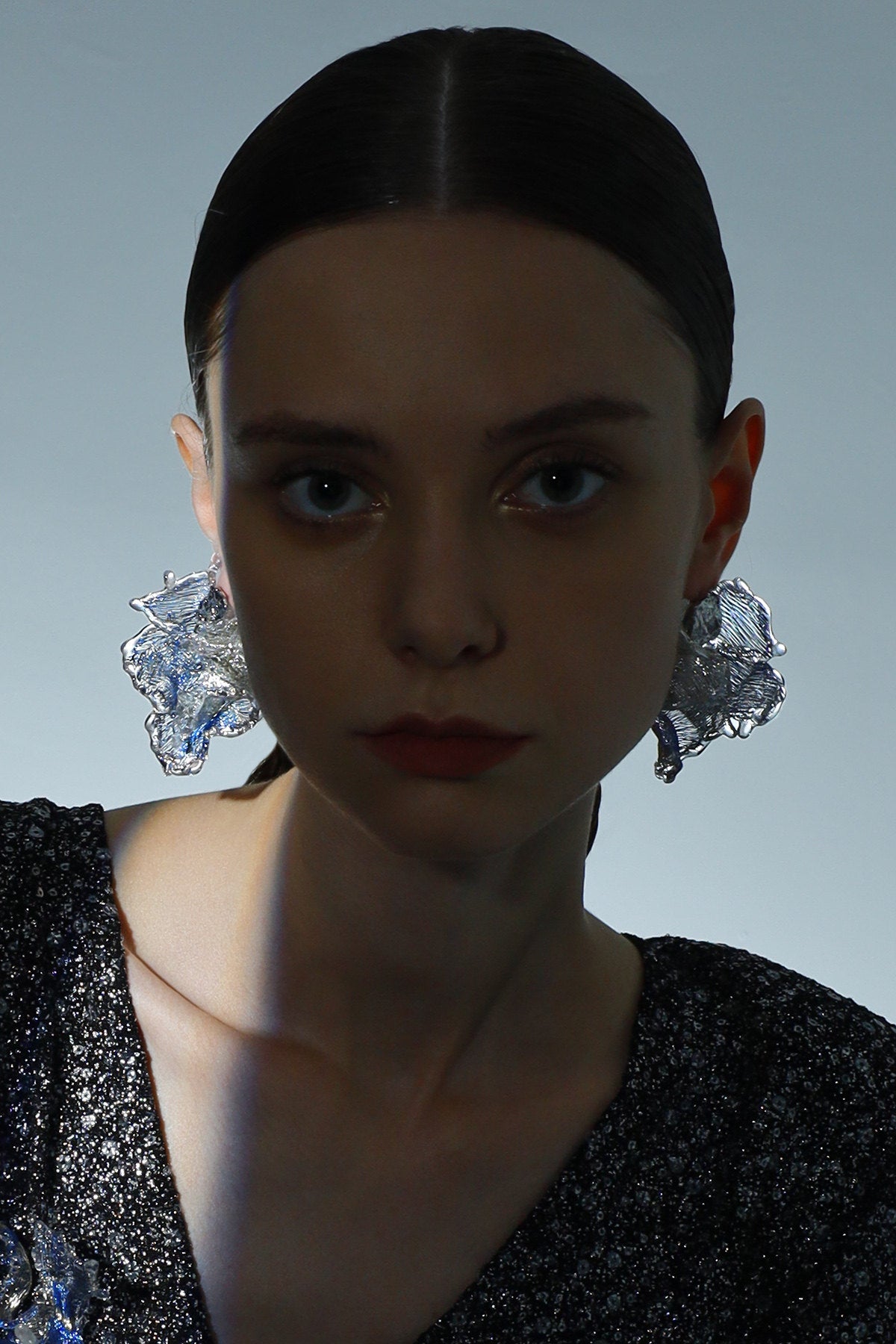 Avant-Garde Hand-Woven Metallic Mesh Ocean Bloom Earrings - Deconstructed Electric Blue Ruffled Studs with Clear Melting Ice Border  LUNA-X389