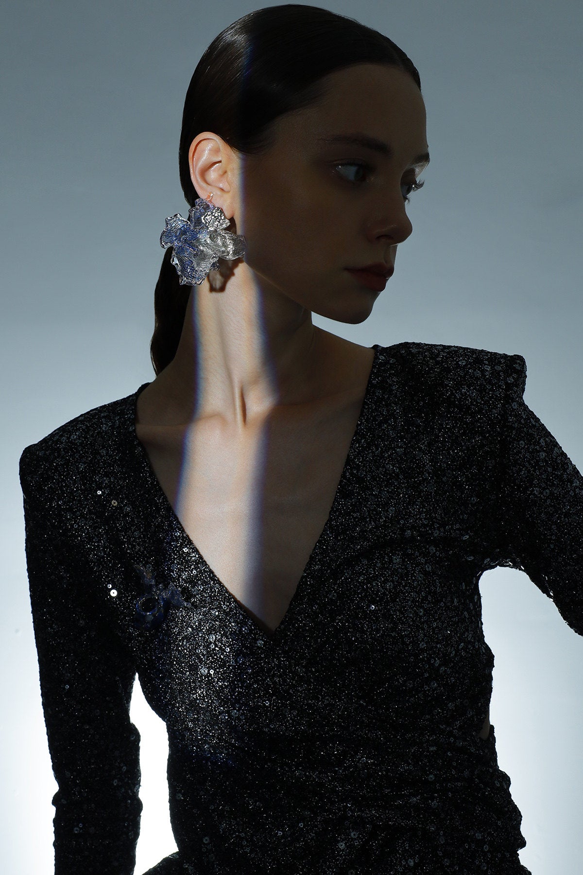 Avant-Garde Hand-Woven Metallic Mesh Ocean Bloom Earrings - Deconstructed Electric Blue Ruffled Studs with Clear Melting Ice Border  LUNA-X389