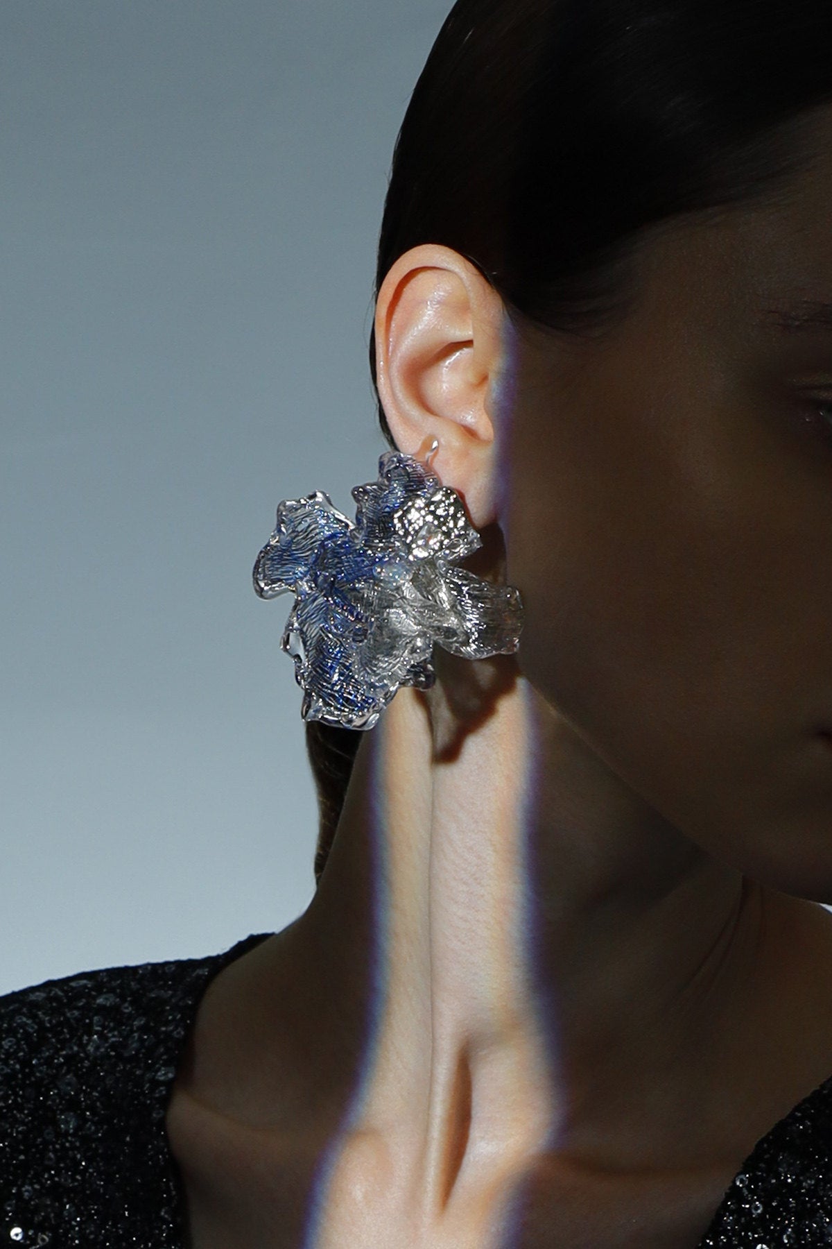 Avant-Garde Hand-Woven Metallic Mesh Ocean Bloom Earrings - Deconstructed Electric Blue Ruffled Studs with Clear Melting Ice Border  LUNA-X389