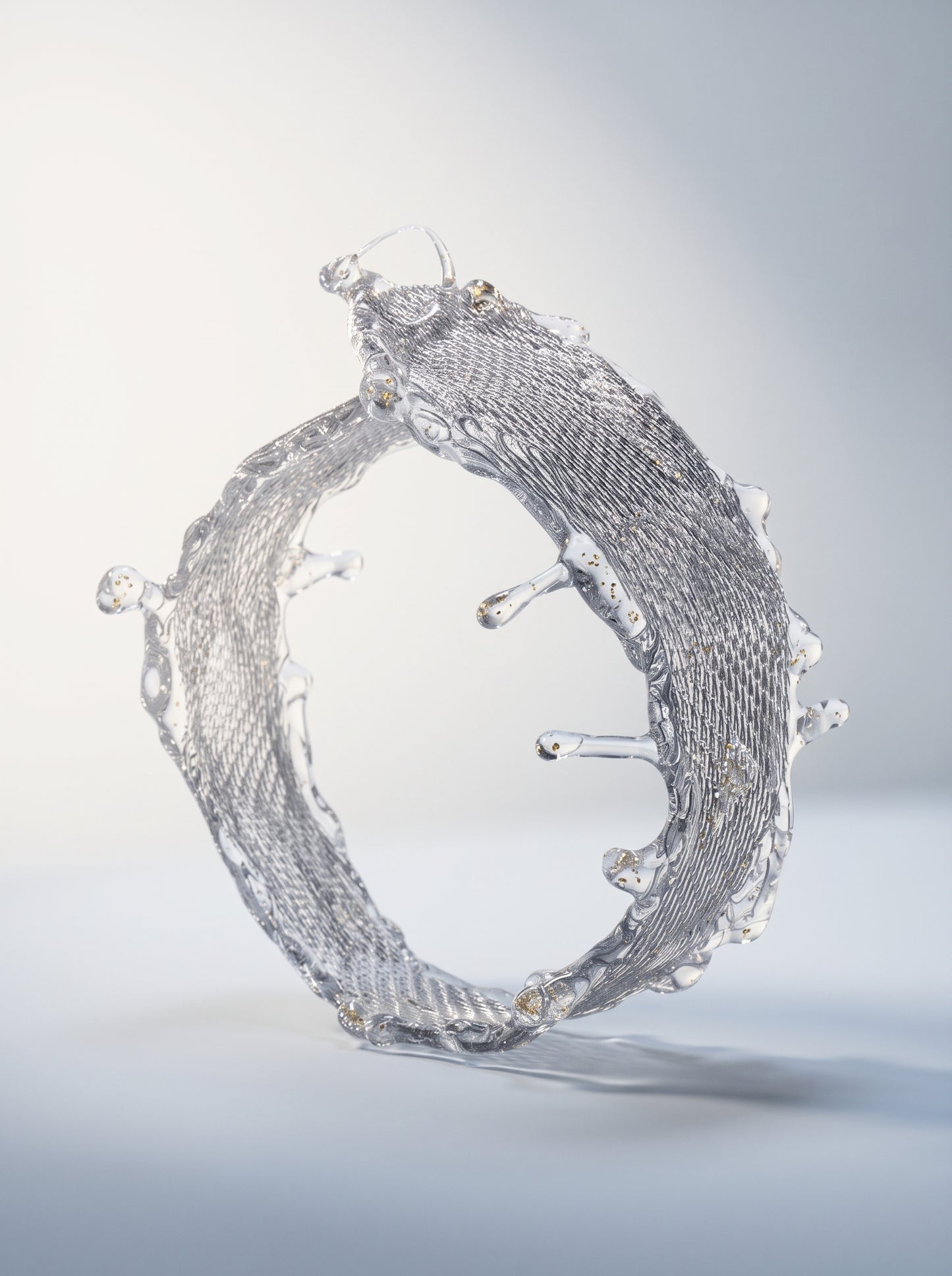 Avant-Garde Hand-Woven Metallic Mesh Splash Bangle - Malleable Liquid-Edge Cuff Bracelet with Sculptural Clear Water Droplets LUNA-X390