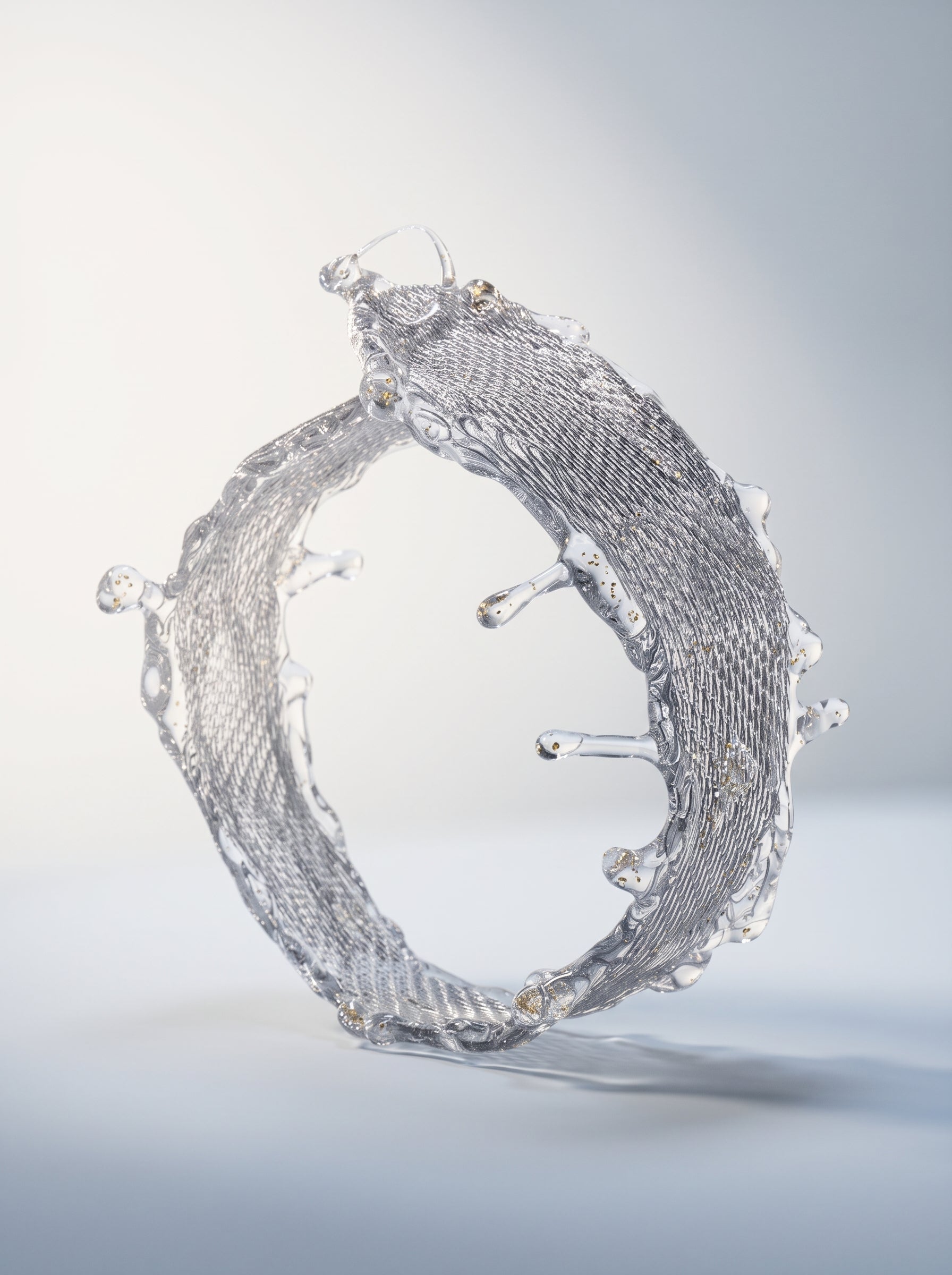 Avant-Garde Hand-Woven Metallic Mesh Splash Bangle - Malleable Liquid-Edge Cuff Bracelet with Sculptural Clear Water Droplets LUNA-X390