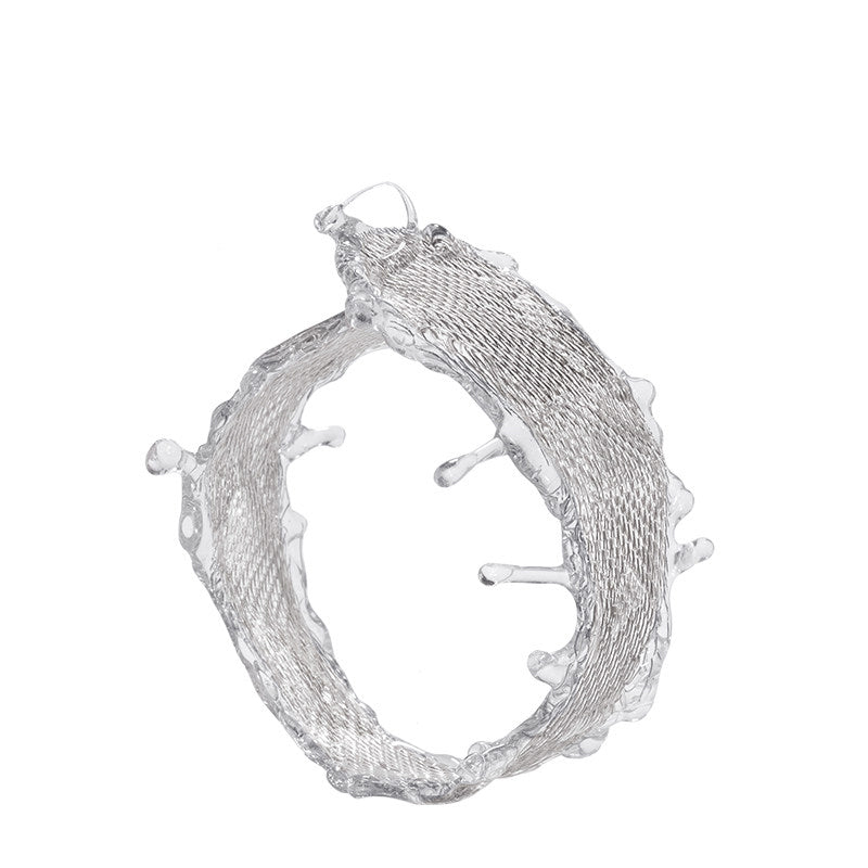 Avant-Garde Hand-Woven Metallic Mesh Splash Bangle - Malleable Liquid-Edge Cuff Bracelet with Sculptural Clear Water Droplets LUNA-X390