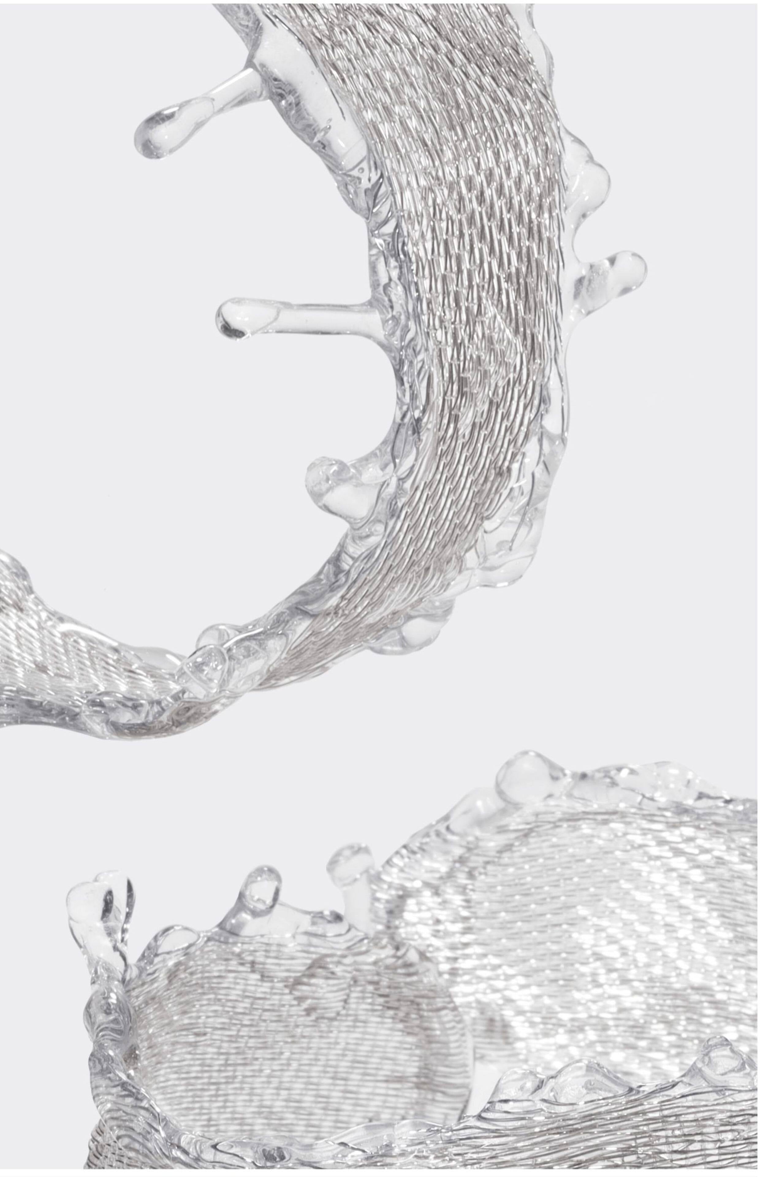 Avant-Garde Hand-Woven Metallic Mesh Splash Bangle - Malleable Liquid-Edge Cuff Bracelet with Sculptural Clear Water Droplets LUNA-X390