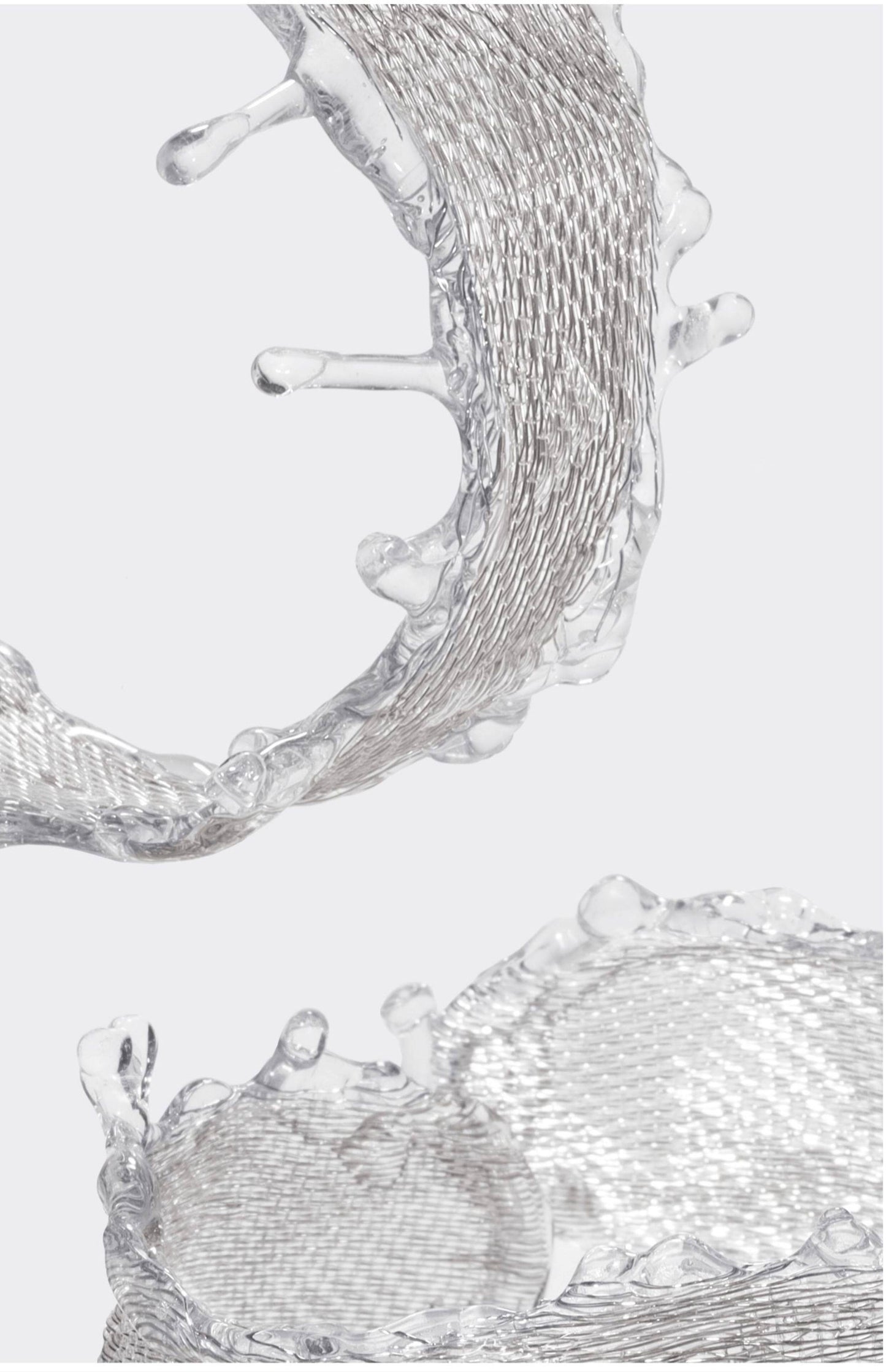 Avant-Garde Hand-Woven Metallic Mesh Splash Bangle - Malleable Liquid-Edge Cuff Bracelet with Sculptural Clear Water Droplets LUNA-X390