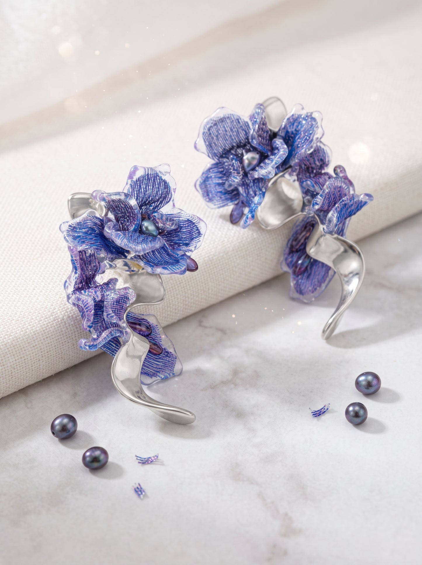 Avant-Garde Hand-Woven Metallic Mesh Orchid Earrings - Deconstructed Violet-Blue Gradient Flower Drops with Fluid Mirror-Alloy Wave  LUNA-X391