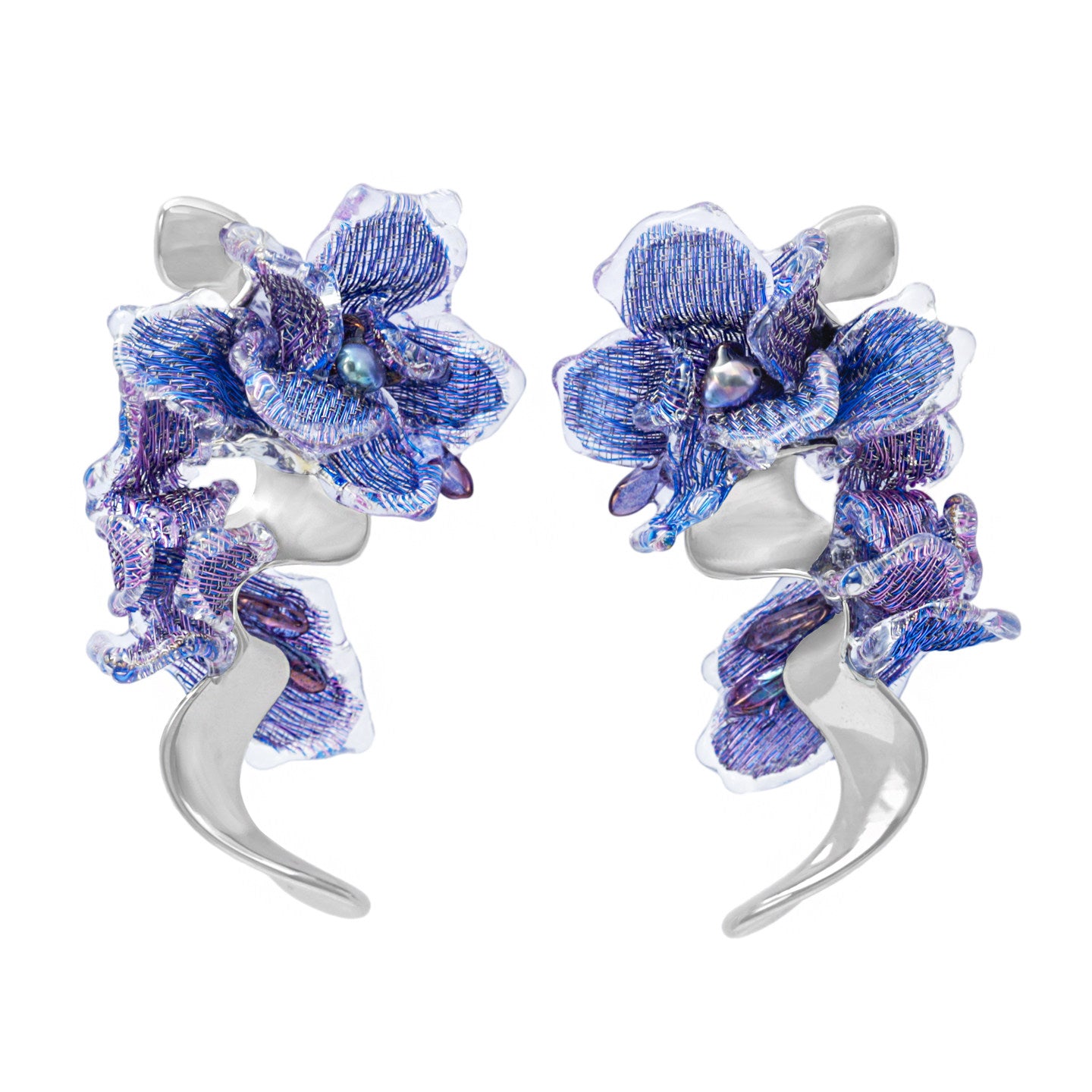Avant-Garde Hand-Woven Metallic Mesh Orchid Earrings - Deconstructed Violet-Blue Gradient Flower Drops with Fluid Mirror-Alloy Wave  LUNA-X391