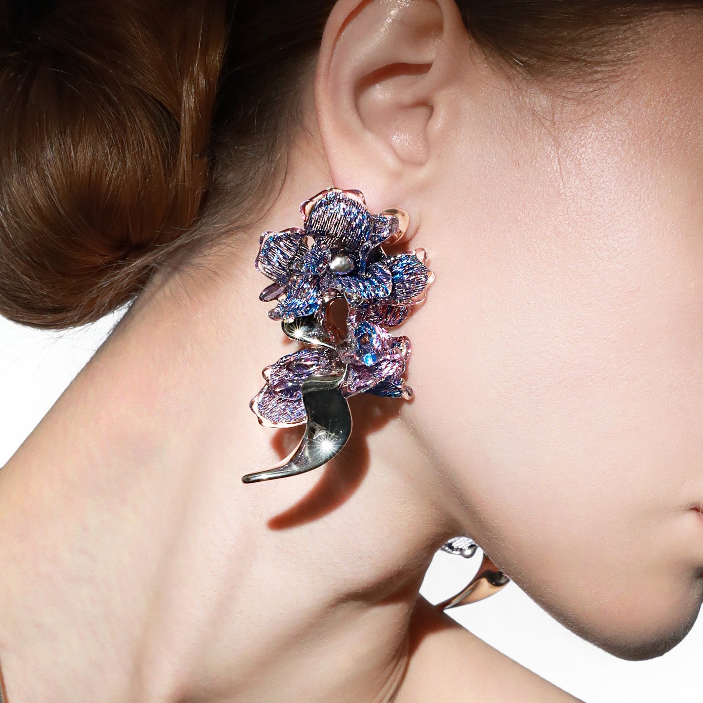 Avant-Garde Hand-Woven Metallic Mesh Orchid Earrings - Deconstructed Violet-Blue Gradient Flower Drops with Fluid Mirror-Alloy Wave  LUNA-X391