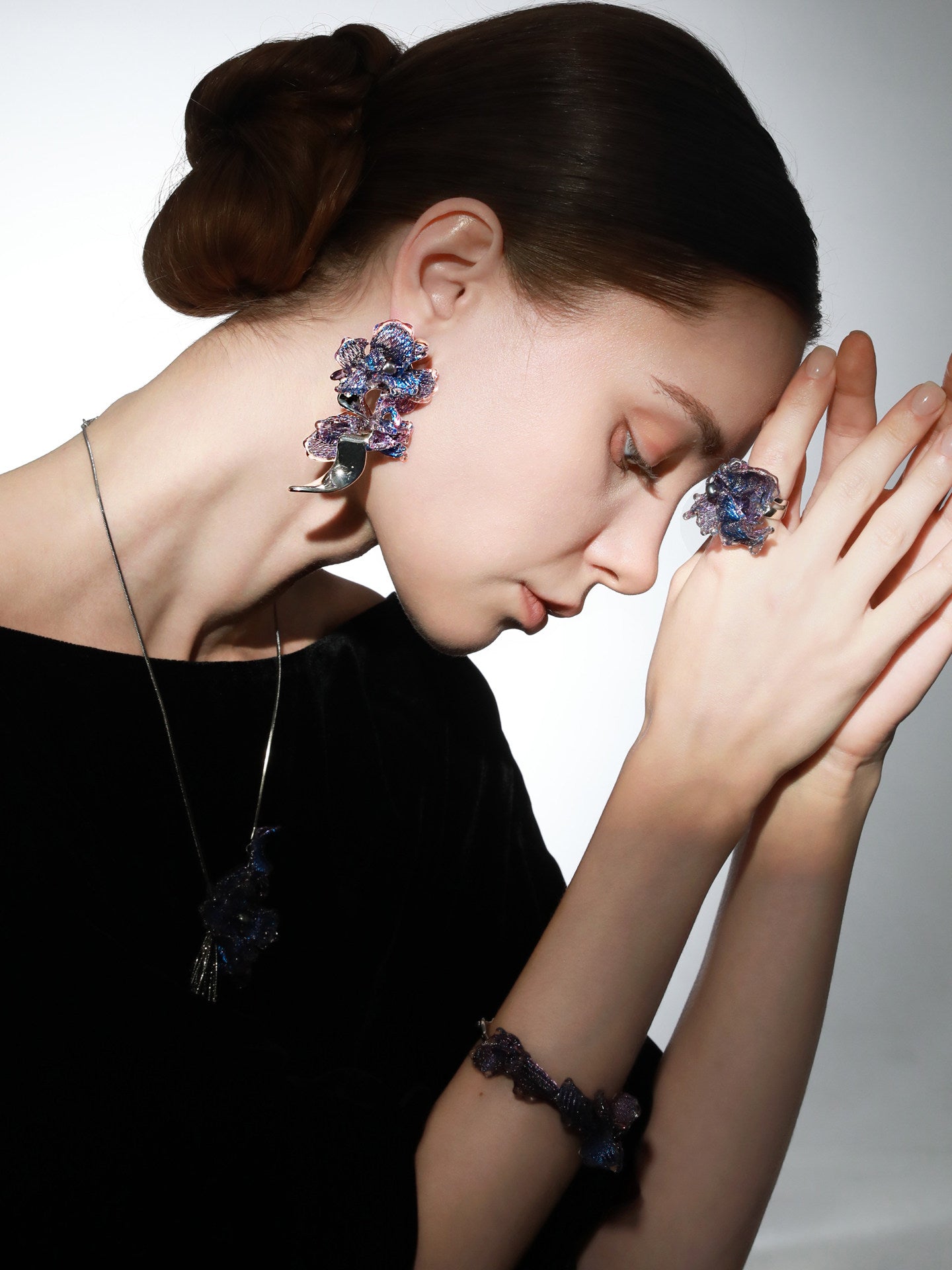 Avant-Garde Hand-Woven Metallic Mesh Orchid Earrings - Deconstructed Violet-Blue Gradient Flower Drops with Fluid Mirror-Alloy Wave  LUNA-X391