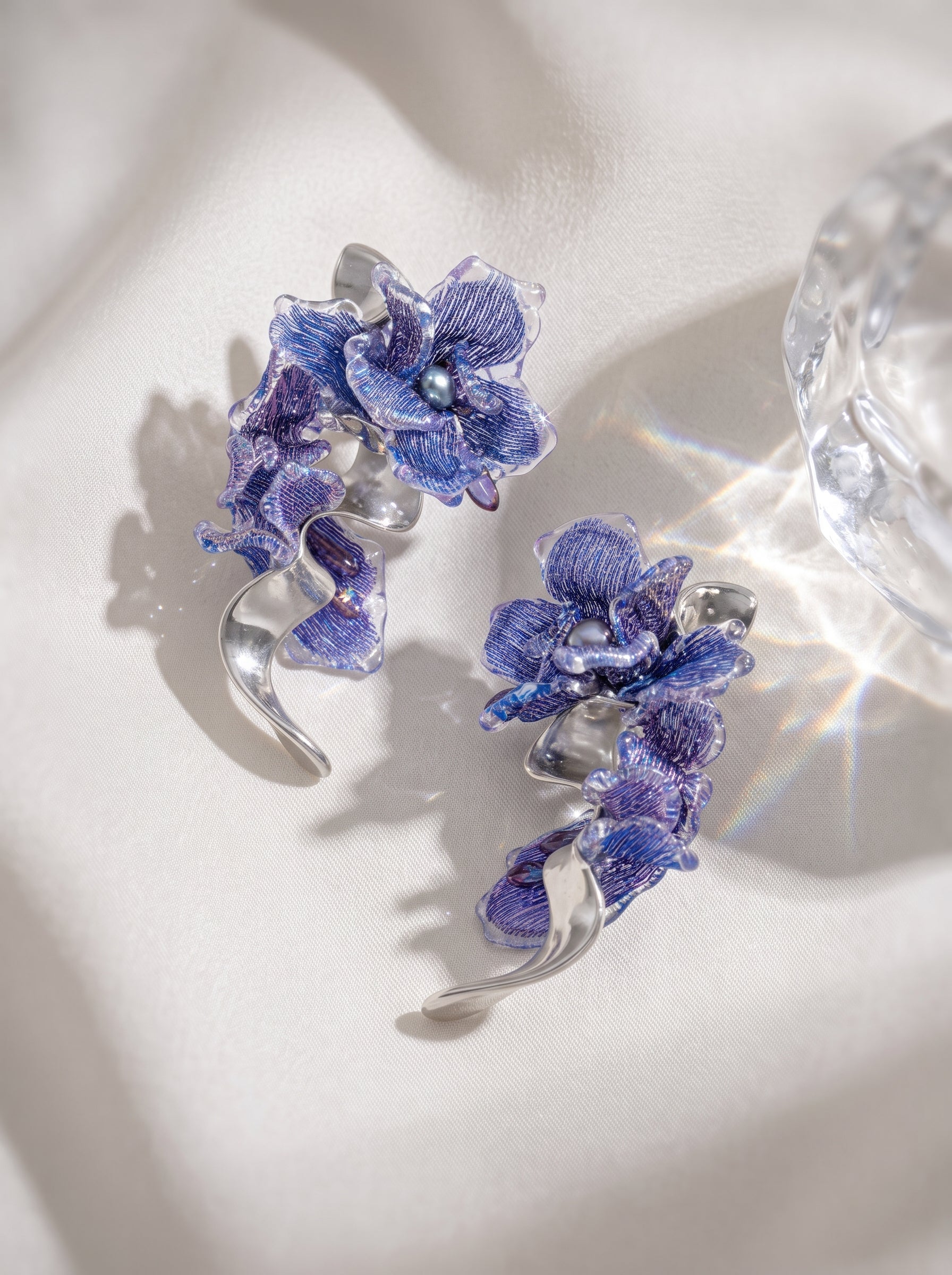 Avant-Garde Hand-Woven Metallic Mesh Orchid Earrings - Deconstructed Violet-Blue Gradient Flower Drops with Fluid Mirror-Alloy Wave  LUNA-X391