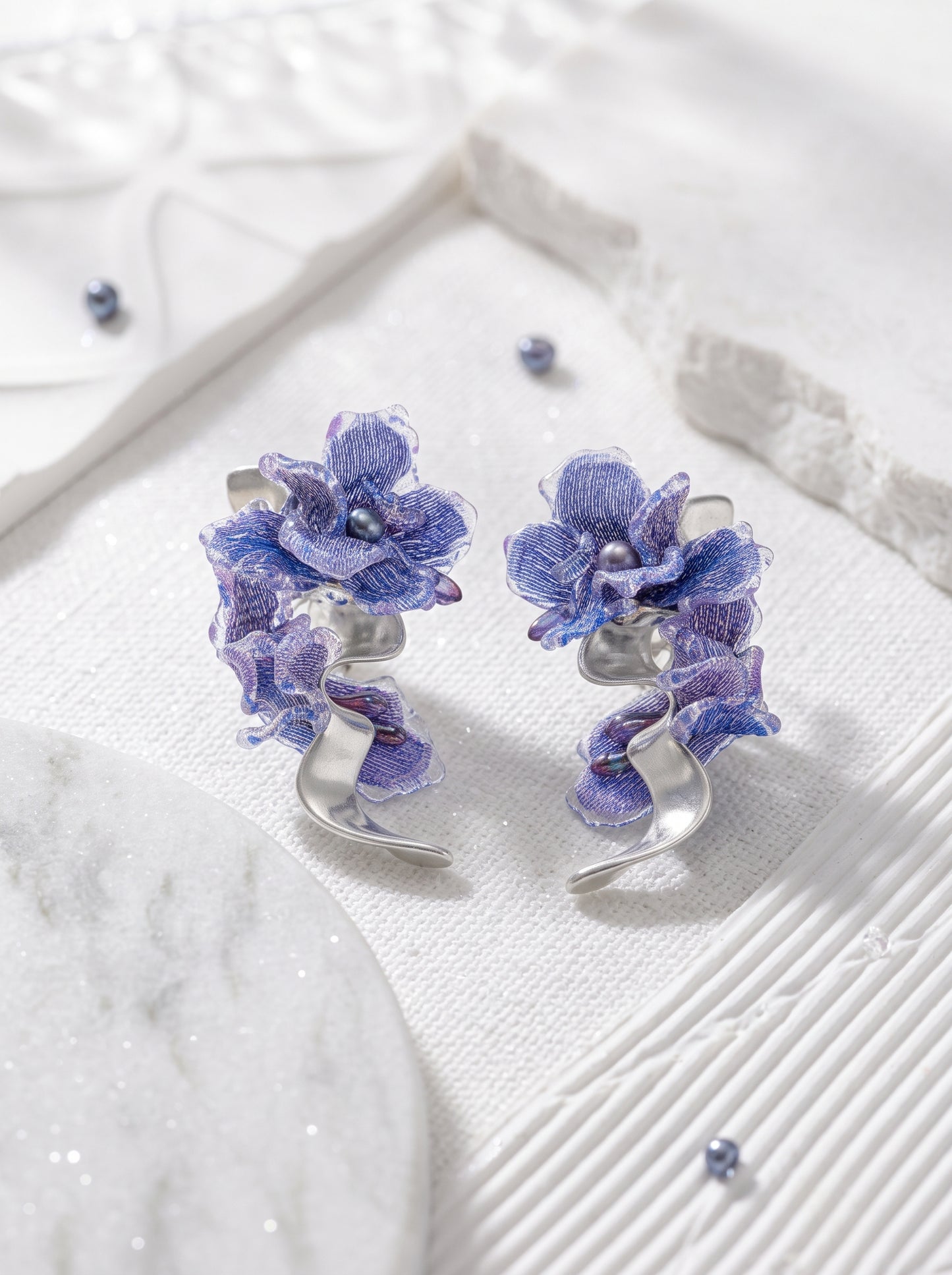 Avant-Garde Hand-Woven Metallic Mesh Orchid Earrings - Deconstructed Violet-Blue Gradient Flower Drops with Fluid Mirror-Alloy Wave  LUNA-X391