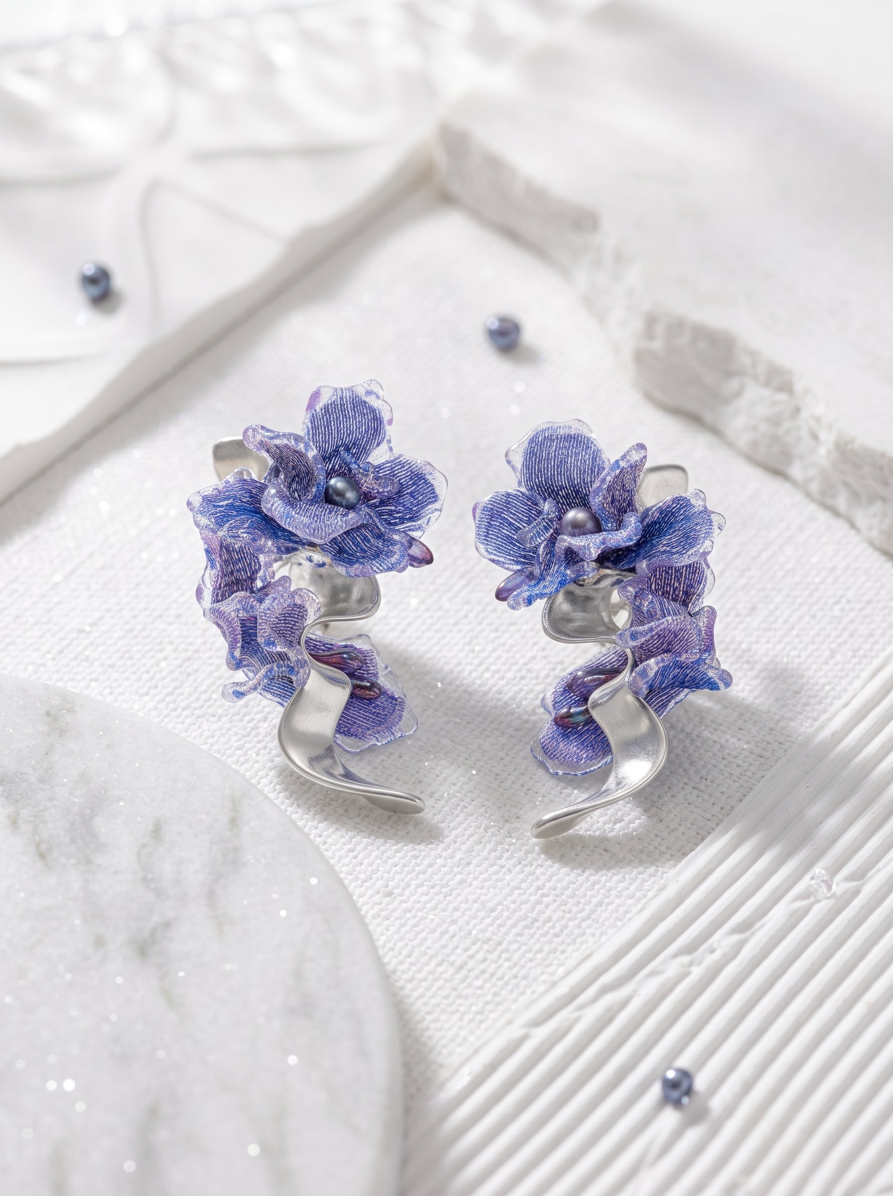 Avant-Garde Hand-Woven Metallic Mesh Orchid Earrings - Deconstructed Violet-Blue Gradient Flower Drops with Fluid Mirror-Alloy Wave  LUNA-X391