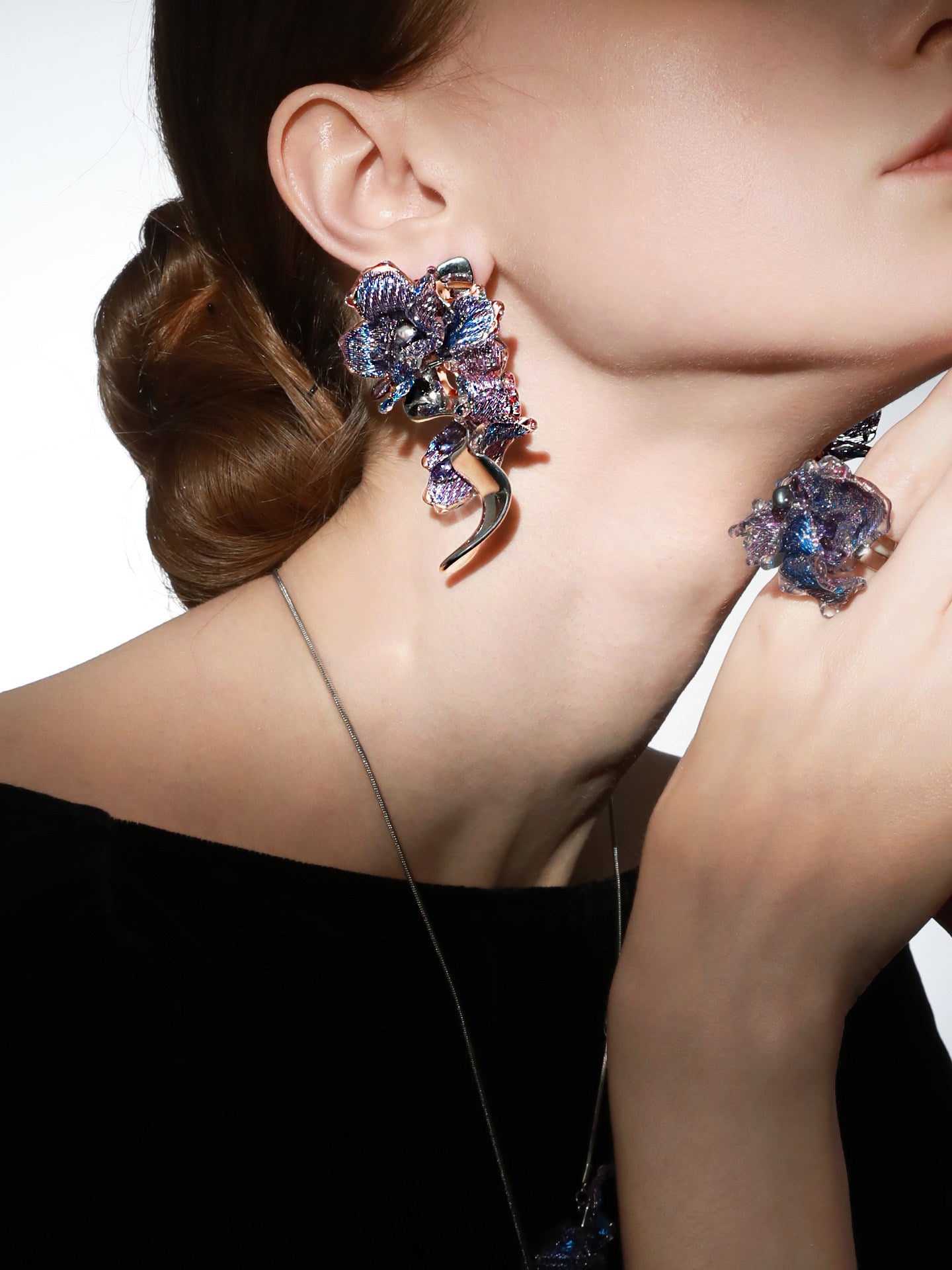 Avant-Garde Hand-Woven Metallic Mesh Orchid Earrings - Deconstructed Violet-Blue Gradient Flower Drops with Fluid Mirror-Alloy Wave  LUNA-X391