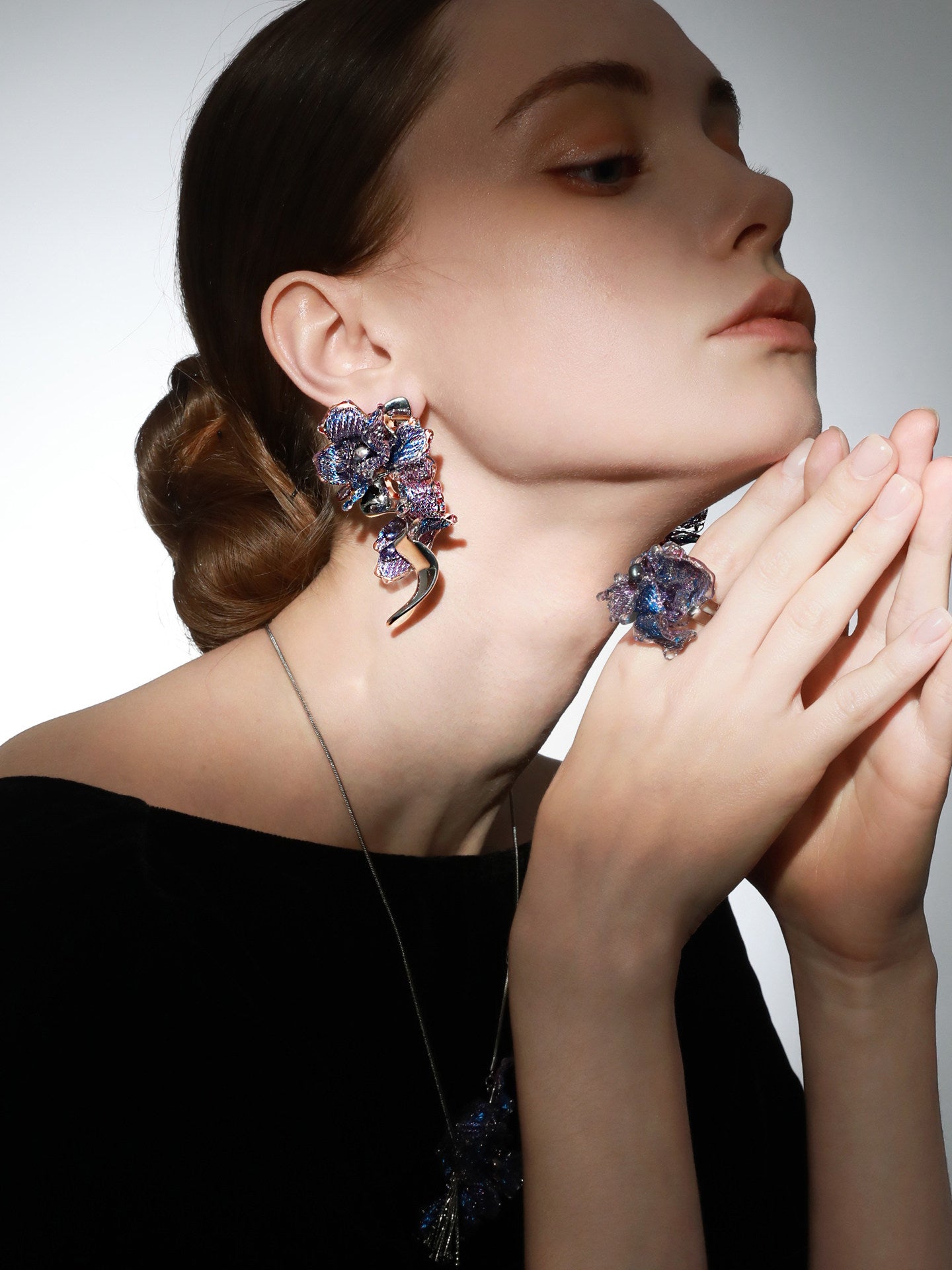 Avant-Garde Hand-Woven Metallic Mesh Orchid Earrings - Deconstructed Violet-Blue Gradient Flower Drops with Fluid Mirror-Alloy Wave  LUNA-X391