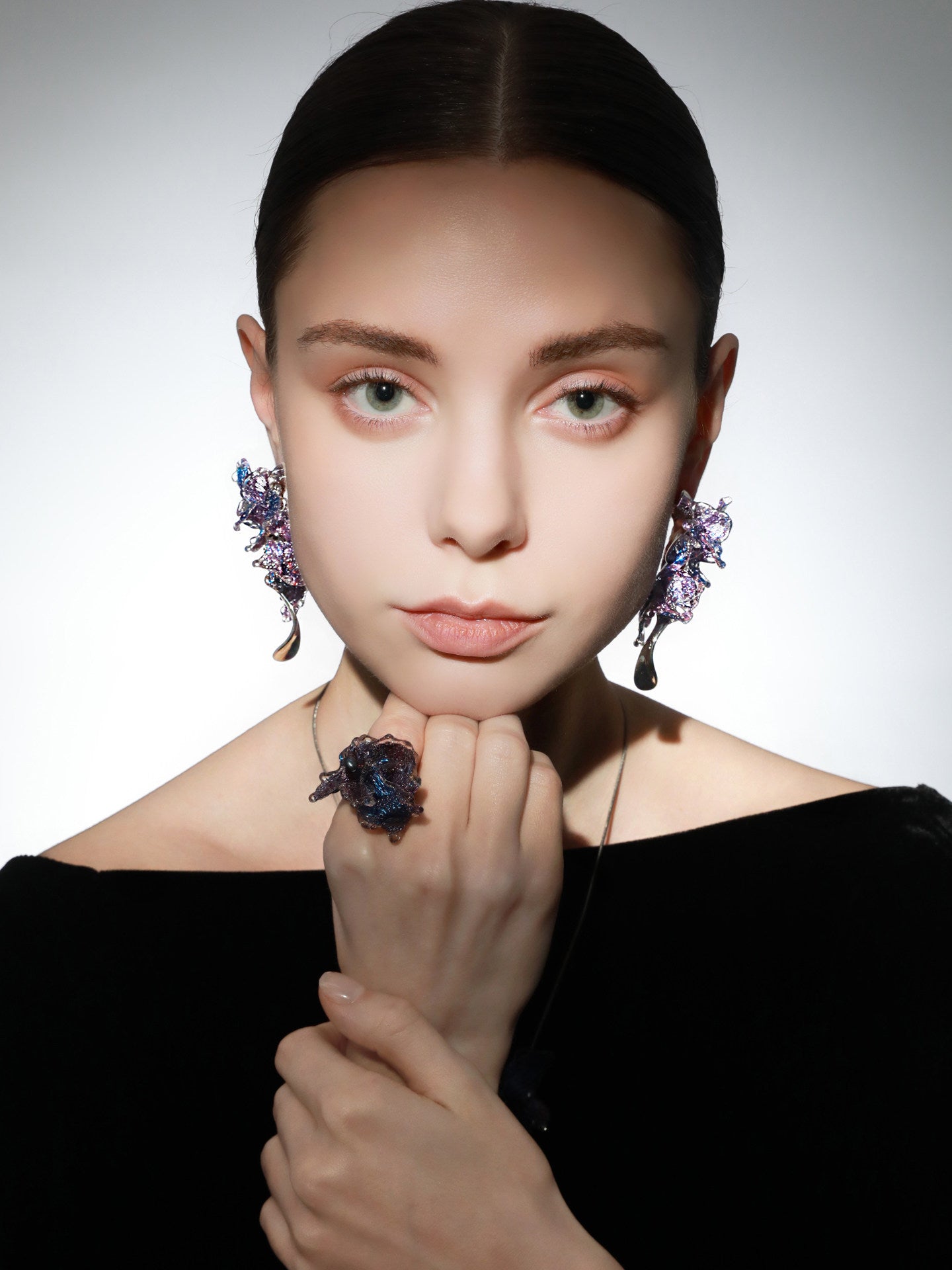Avant-Garde Hand-Woven Metallic Mesh Orchid Earrings - Deconstructed Violet-Blue Gradient Flower Drops with Fluid Mirror-Alloy Wave  LUNA-X391