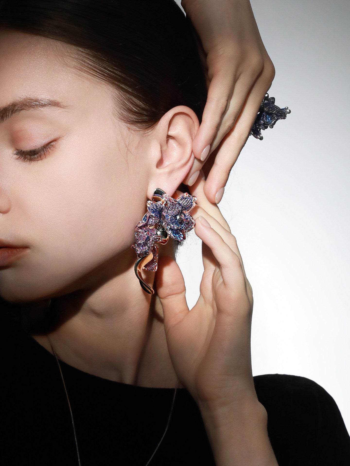 Avant-Garde Hand-Woven Metallic Mesh Orchid Earrings - Deconstructed Violet-Blue Gradient Flower Drops with Fluid Mirror-Alloy Wave  LUNA-X391