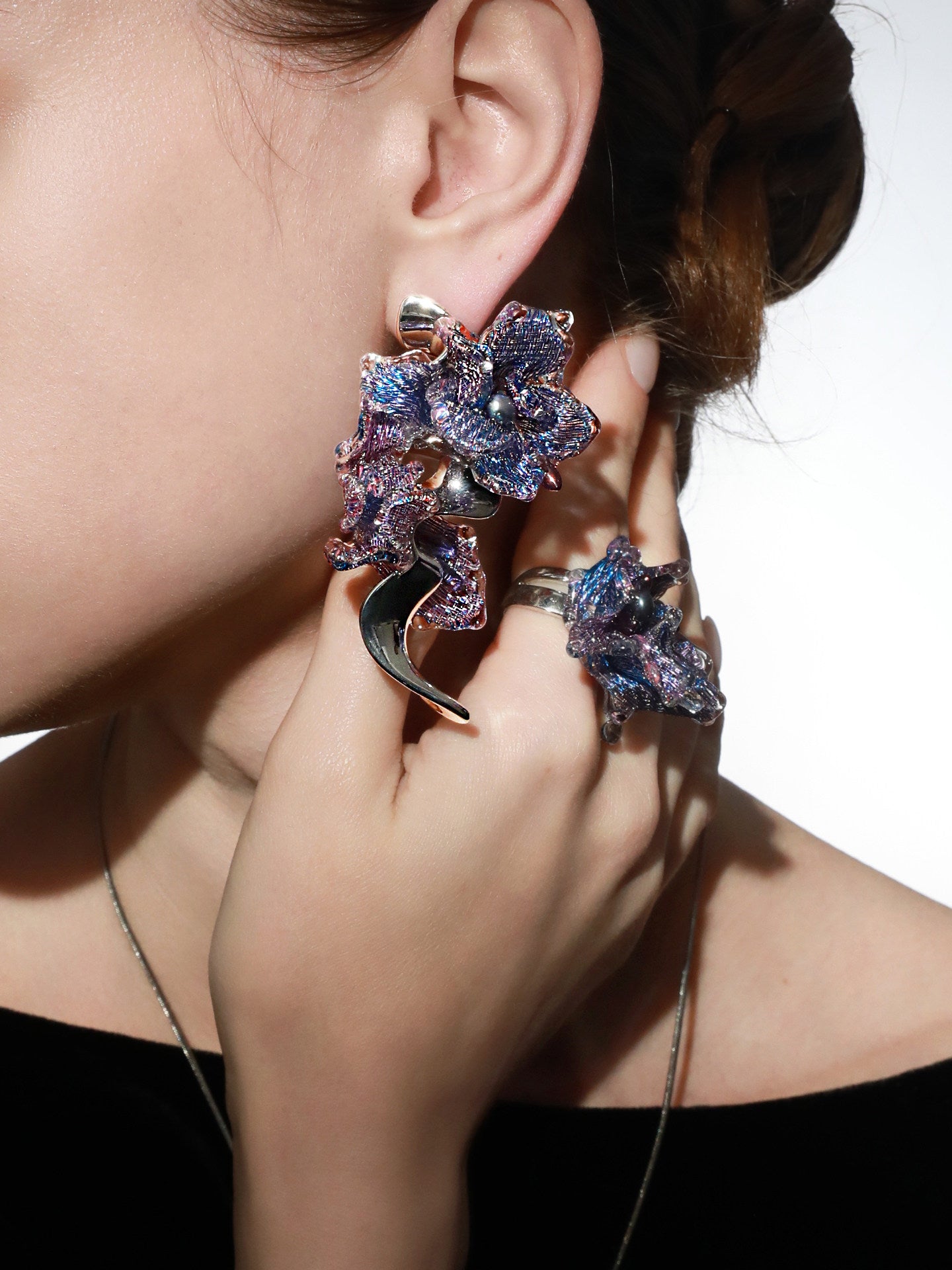 Avant-Garde Hand-Woven Metallic Mesh Orchid Earrings - Deconstructed Violet-Blue Gradient Flower Drops with Fluid Mirror-Alloy Wave  LUNA-X391