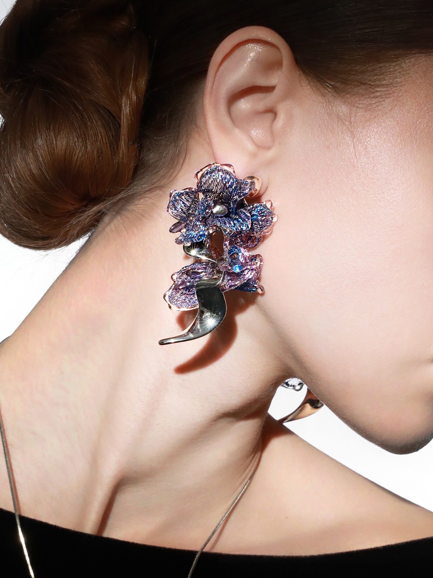 Avant-Garde Hand-Woven Metallic Mesh Orchid Earrings - Deconstructed Violet-Blue Gradient Flower Drops with Fluid Mirror-Alloy Wave  LUNA-X391